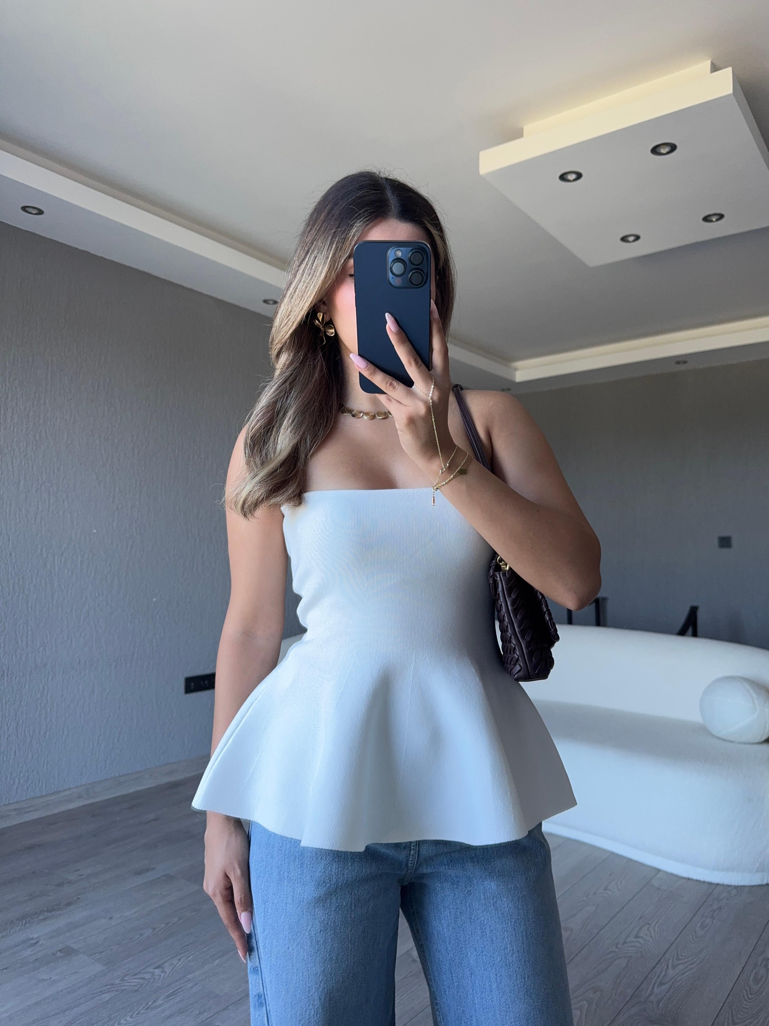 STRAPLEZ PEPLUM TRİKO BLUZ - Beyaz