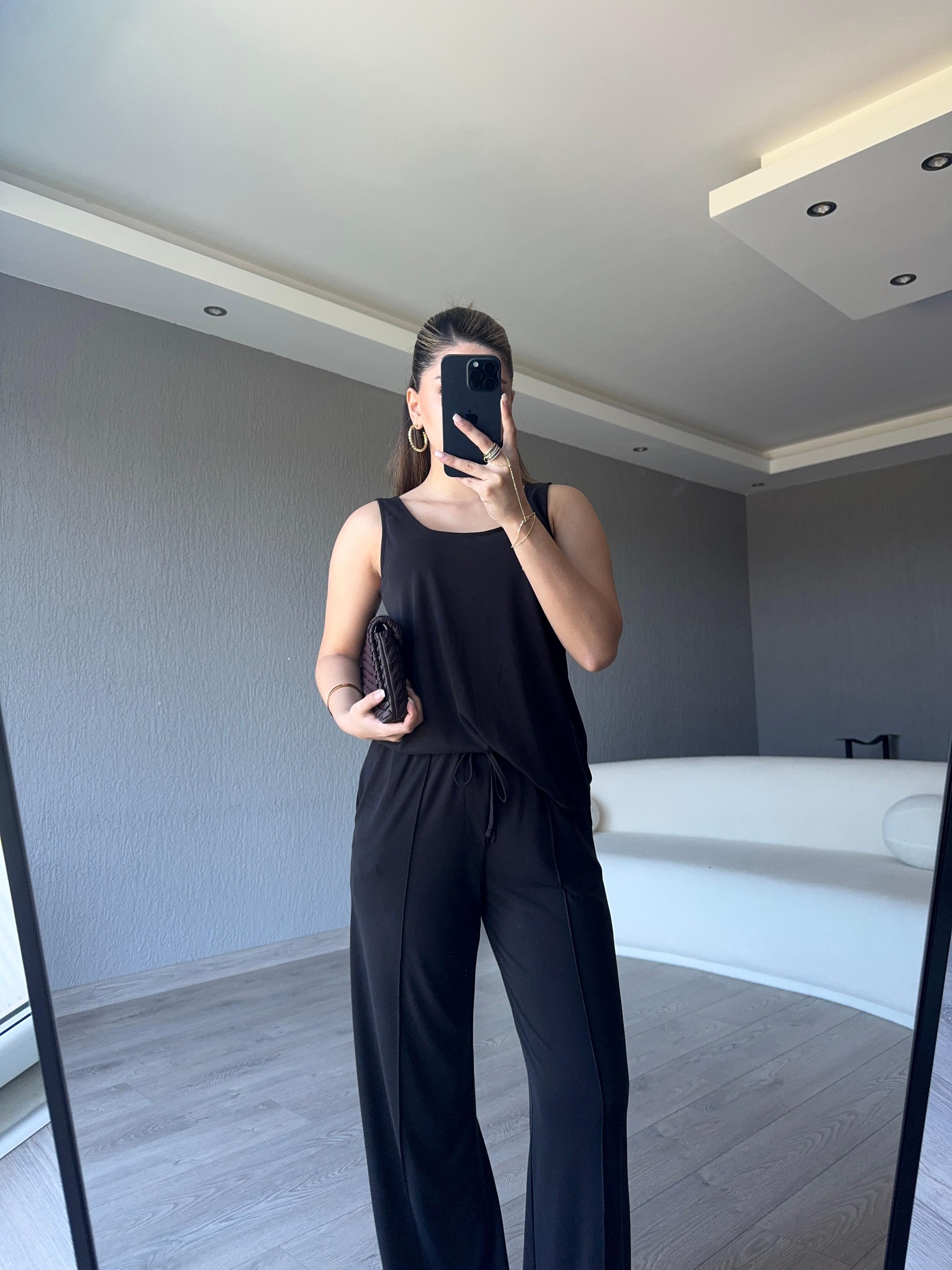 SİYAH BASİC ASKILI BLUZ PANTOLON TAKIM 