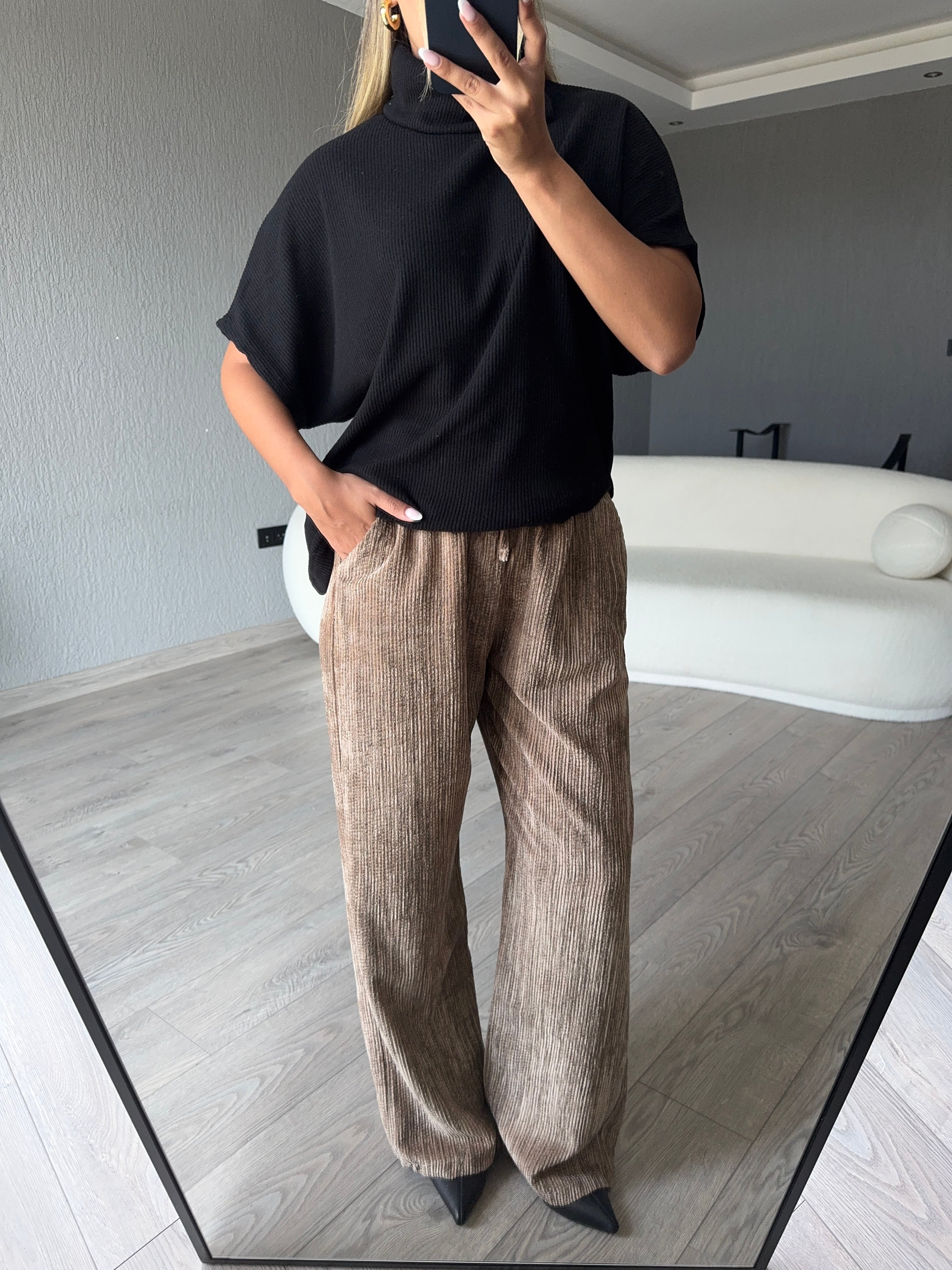 BELİ LASTİKLİ KADİFE PANTOLON  - Camel