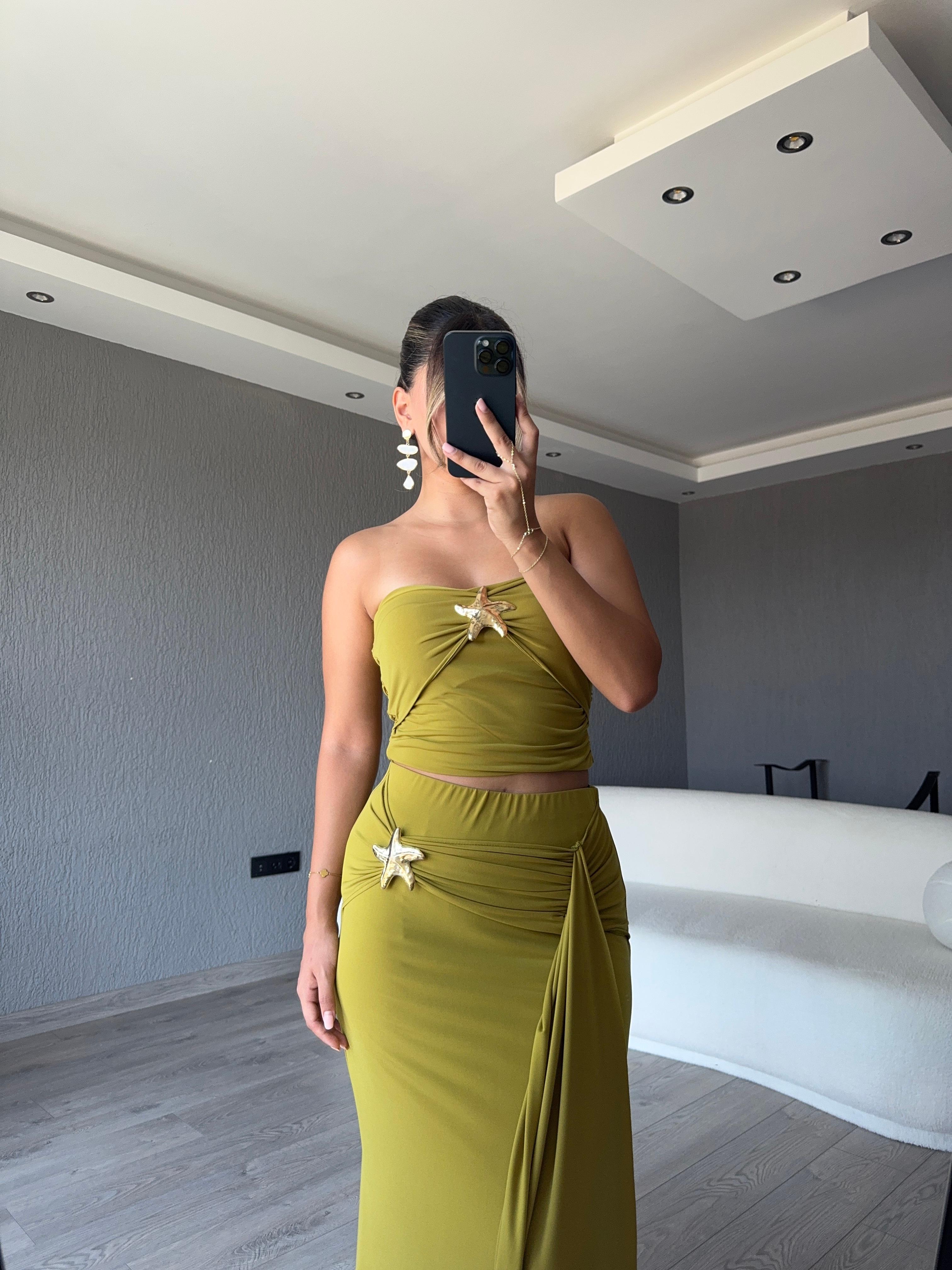 YILDIZ GOLD DETAYLI STRAPLEZ TAKIM  - Yeşil