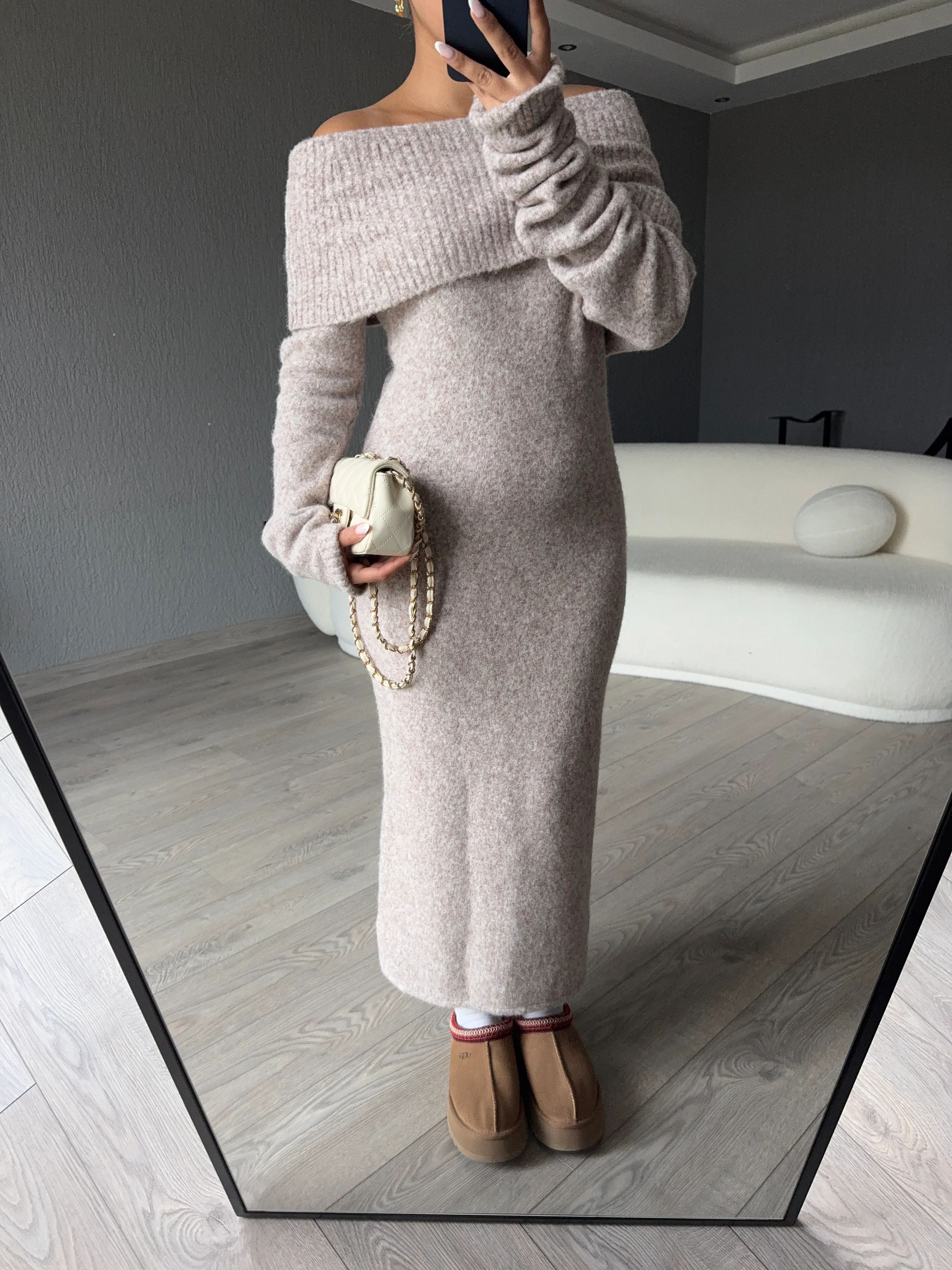 BARDOT YAKA YUMUŞAK DOKULU ELBİSE