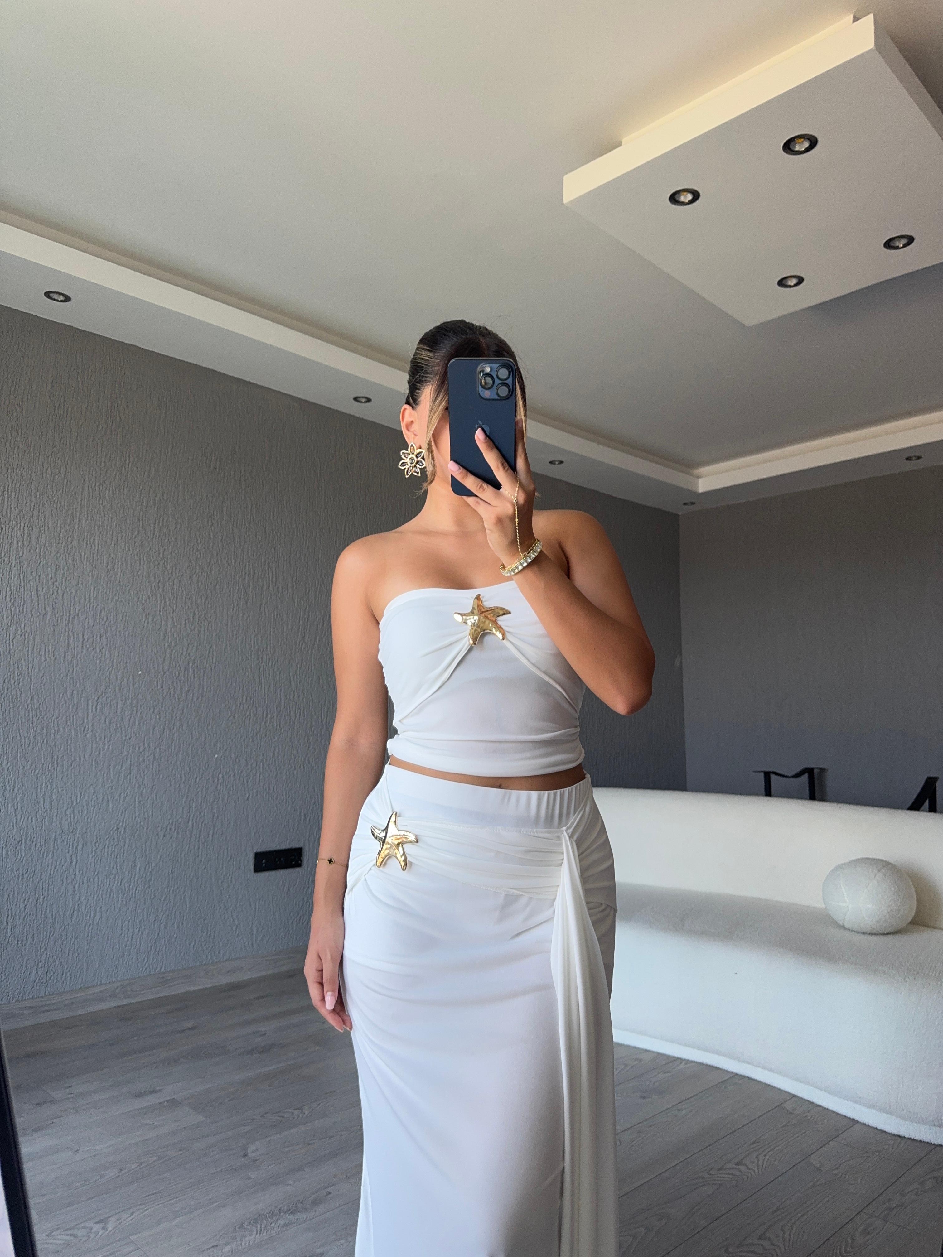 YILDIZ GOLD DETAYLI STRAPLEZ TAKIM  - Beyaz
