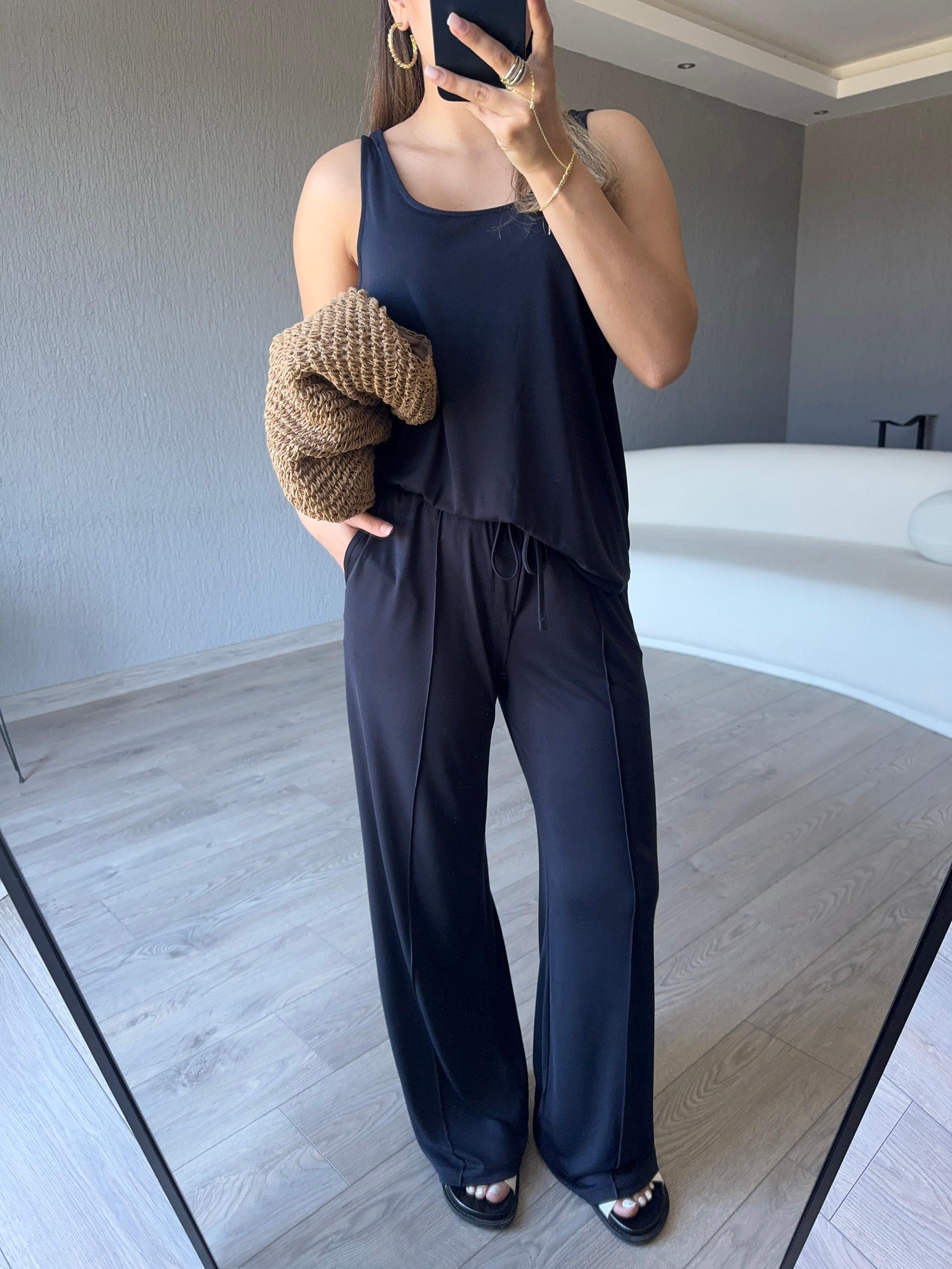LACİVERT BASİC ASKILI BLUZ PANTOLON TAKIM