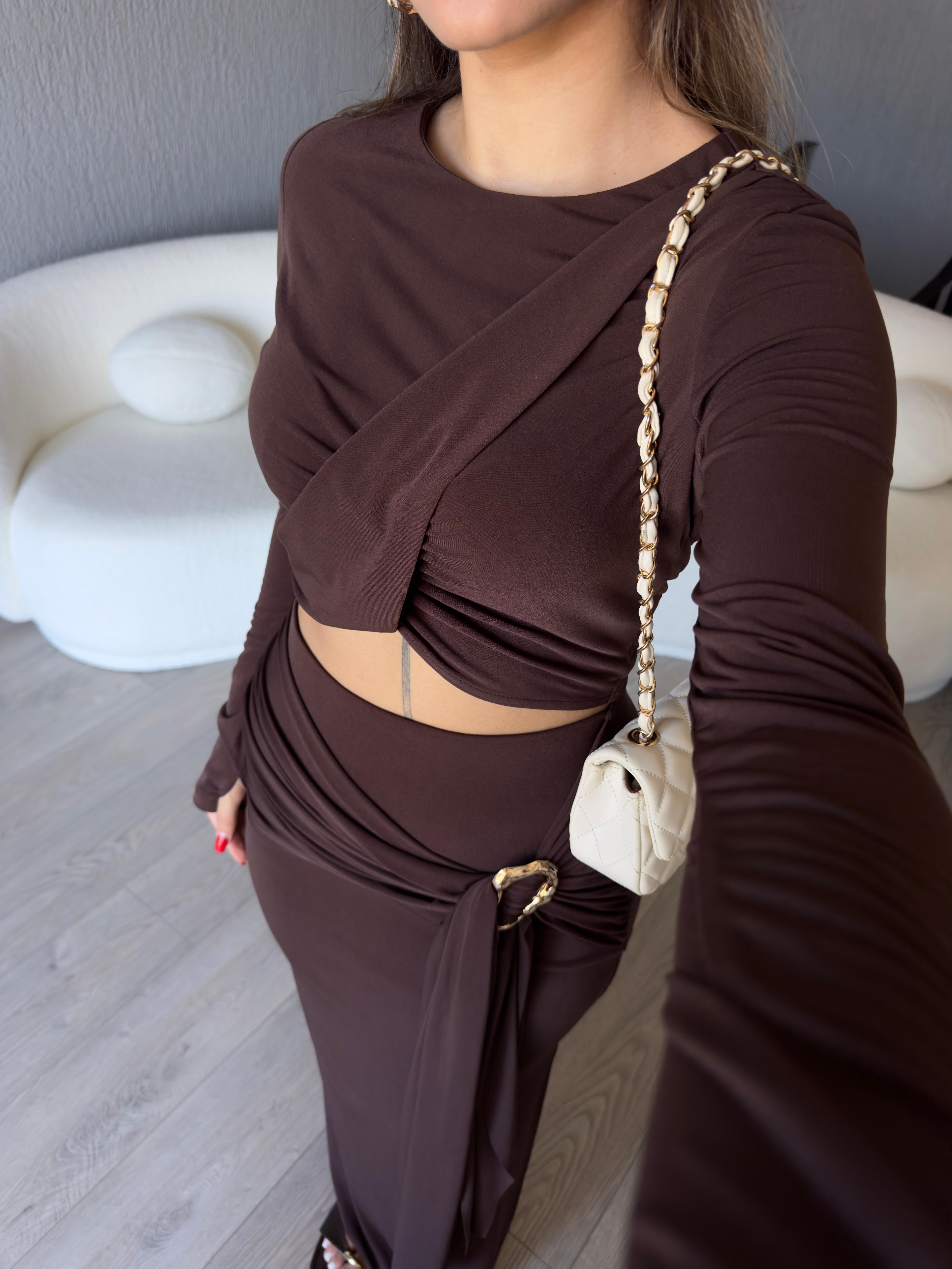 GOLD TOKALI UZUN ETEK CROP TAKIM - Kahve