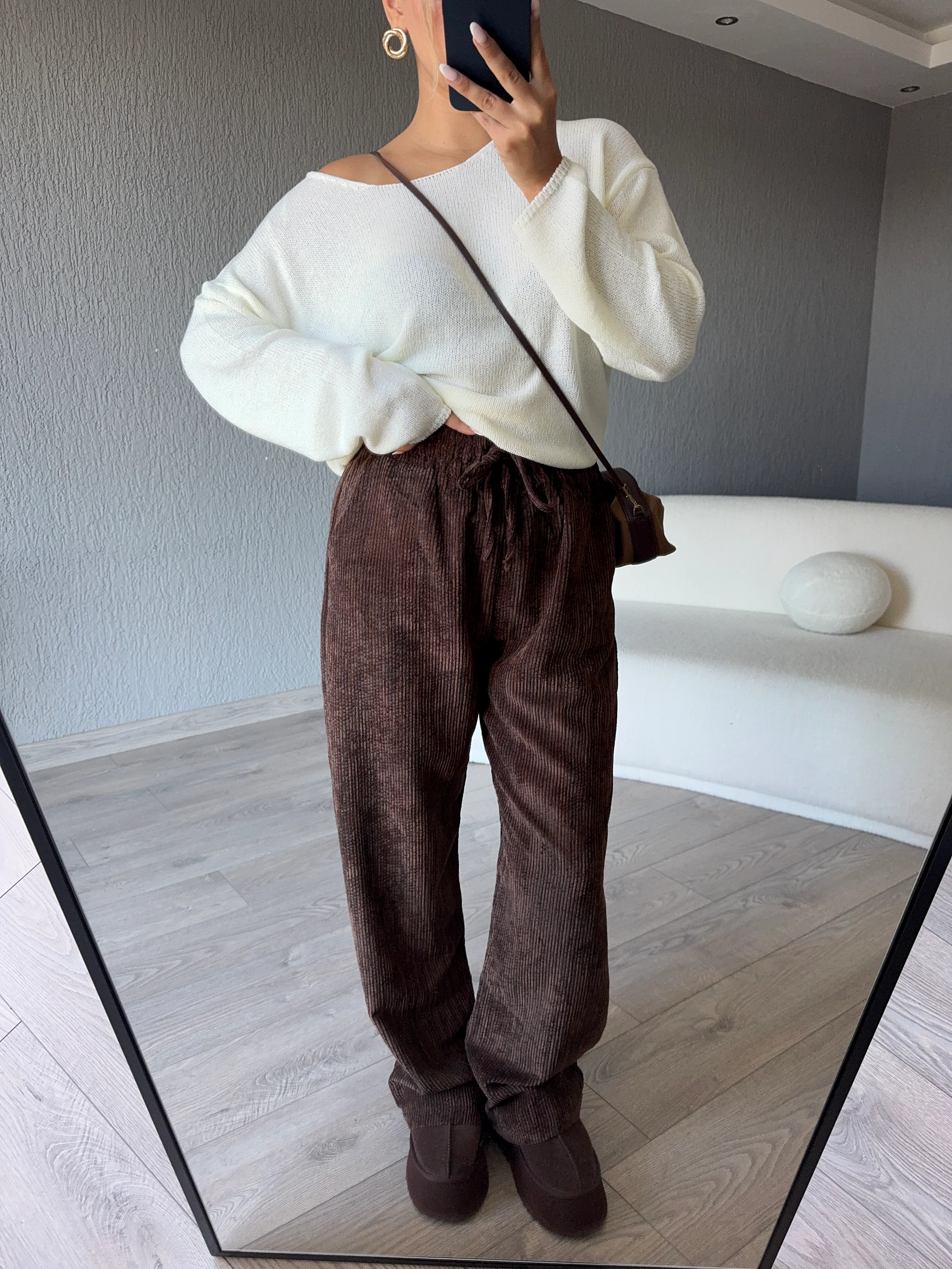 BELİ LONLASTİKLİ KADİFE PANTOLON  - Acı Kahve