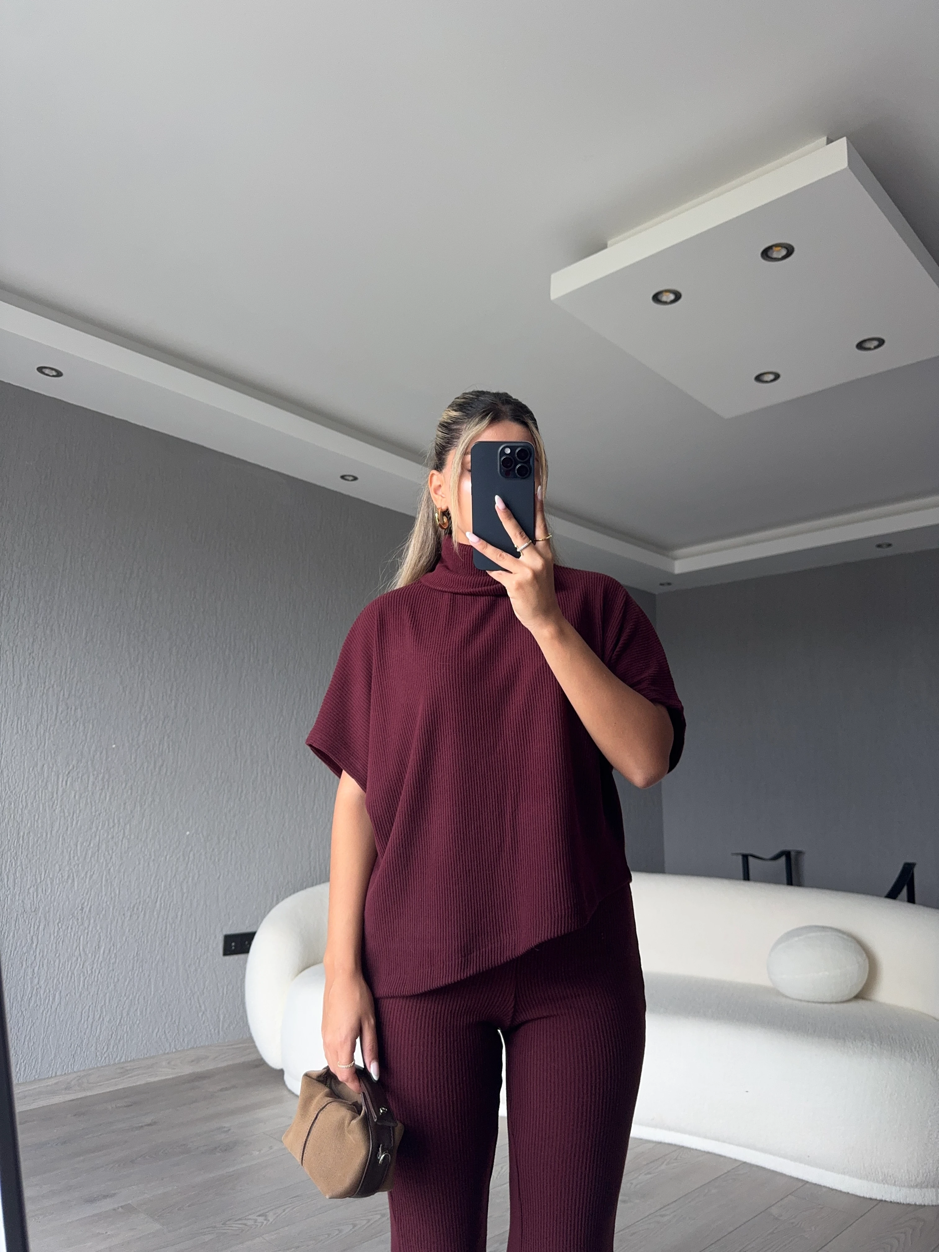 ASİMETRİK KESİM BOĞAZLI KAZAK PANTOLON TAKIM - Bordo