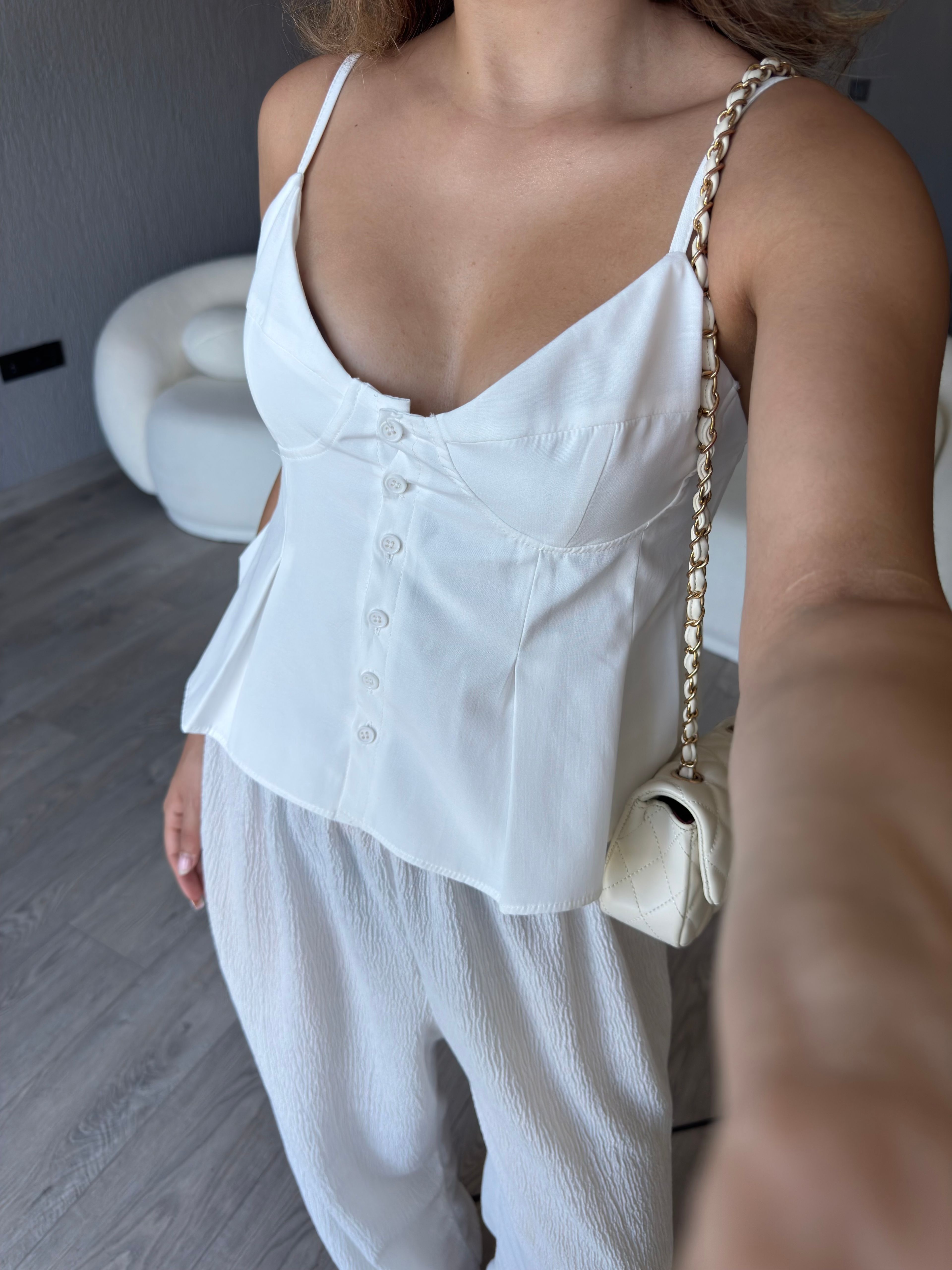 POPLİN DÜĞME DETAYLI CROP - Beyaz