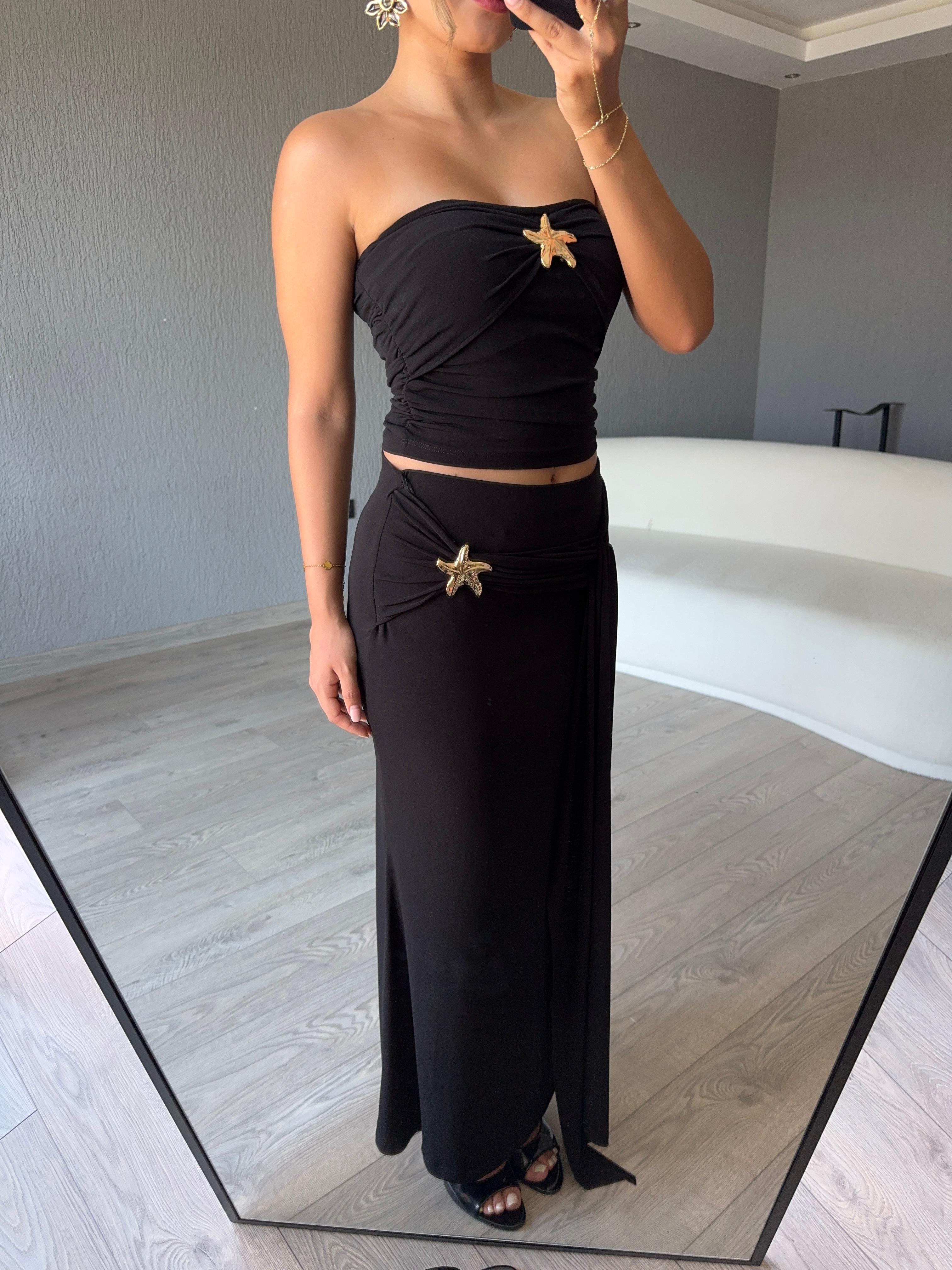 YILDIZ GOLD DETAYLI STRAPLEZ TAKIM  - Siyah