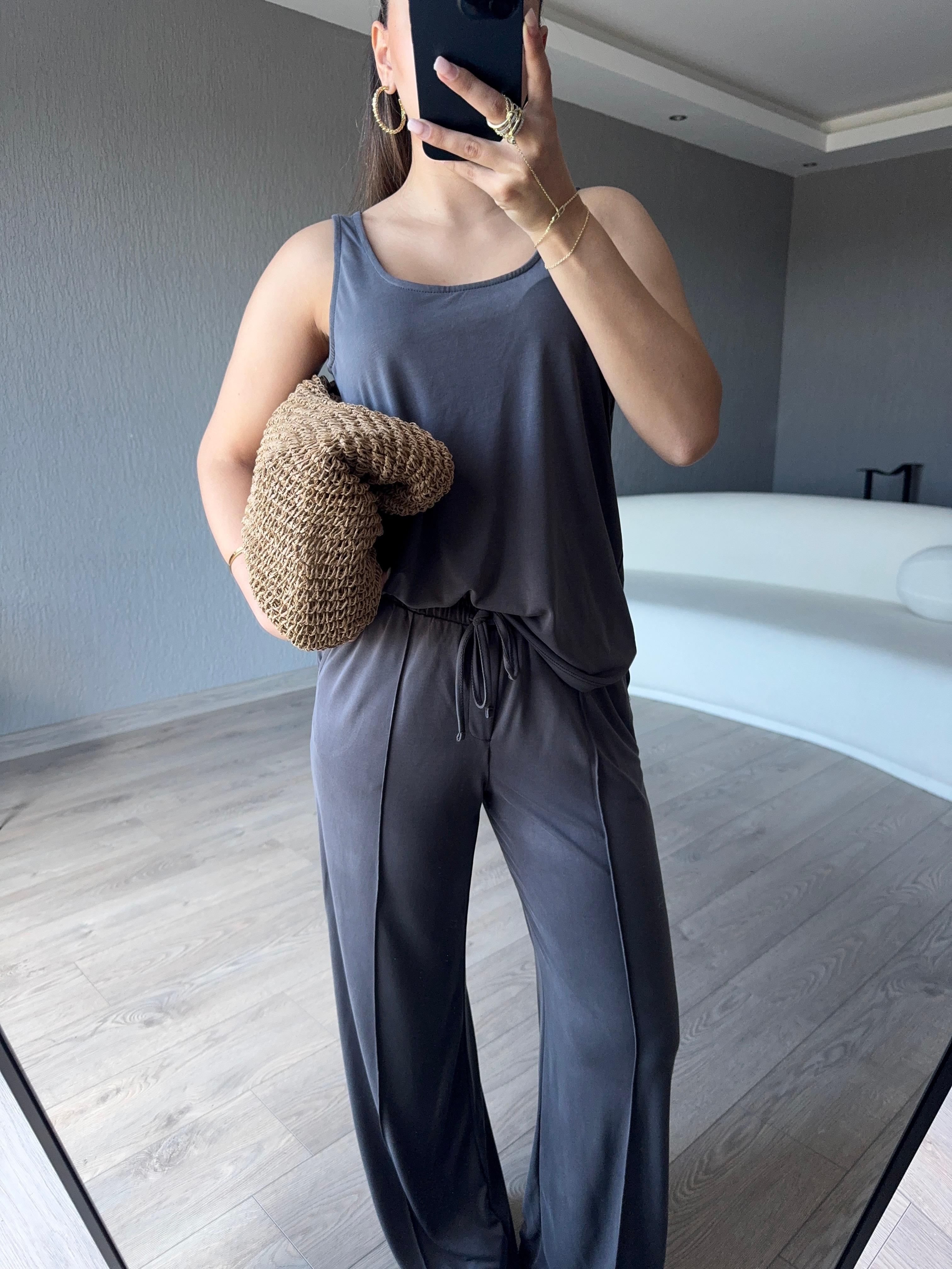 GRİ BASİC ASKILI BLUZ PANTOLON TAKIM 