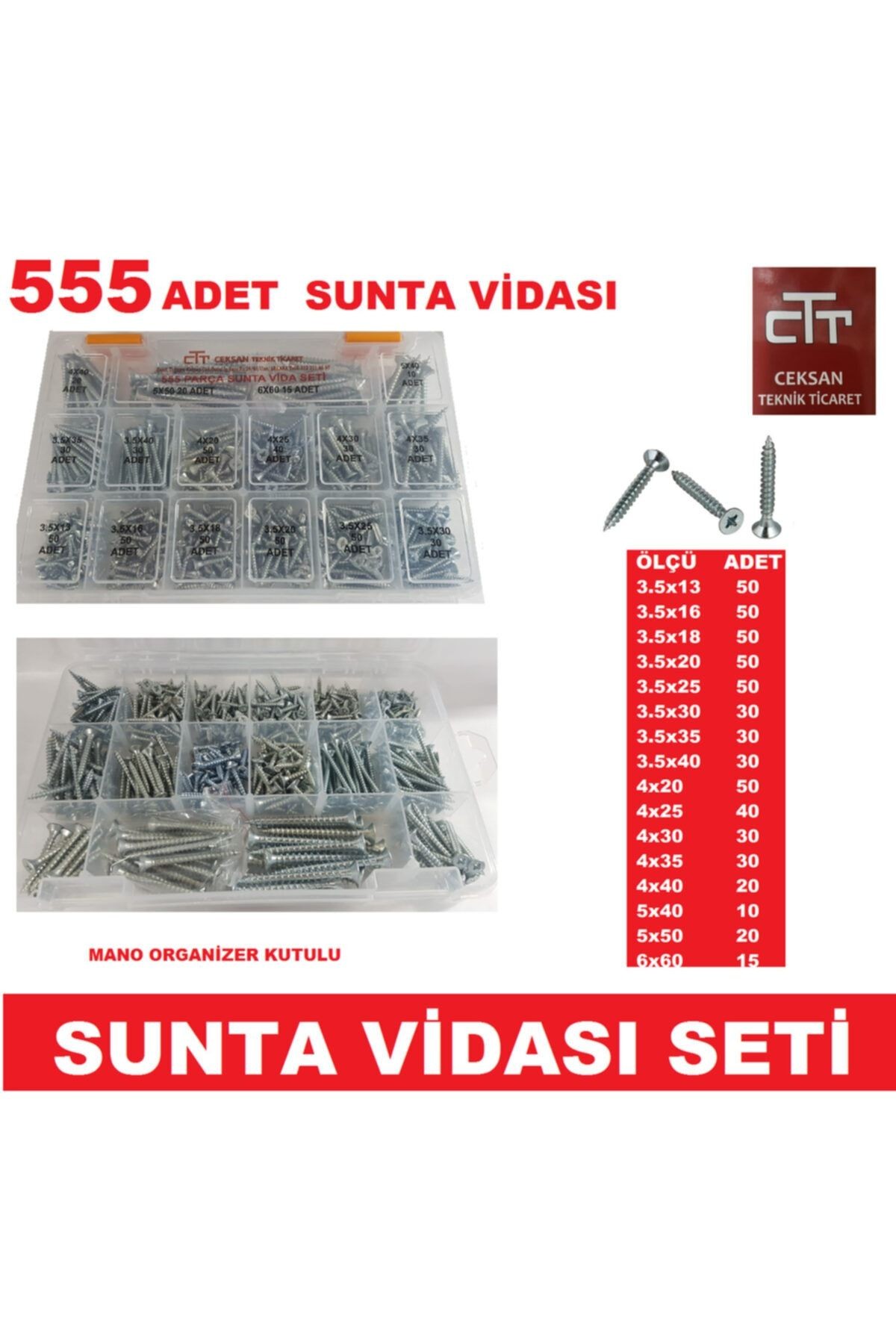 Sunta Vidası Seti 555 Parça Ahşap-plastik-dübel V.b Vida Seti - Organizer Kutulu