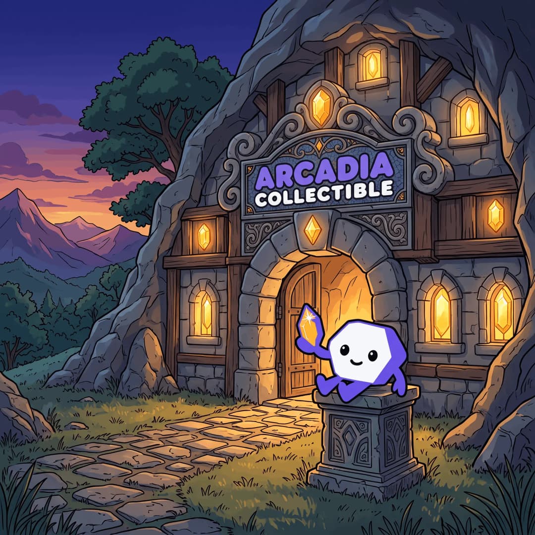 Arcadia Collectible maskotunun yer aldığı fantastik koleksiyon dükkânı illüstrasyonu
