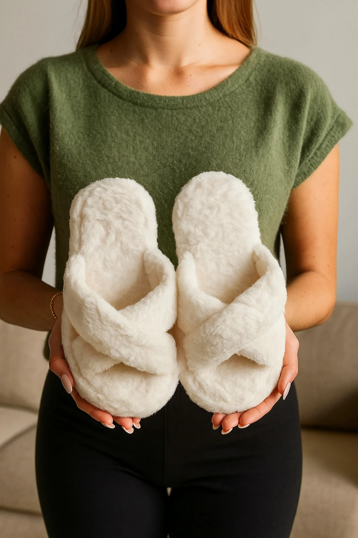 Çapraz Bantlı Peluş Kadın Kışlık Yumuşak Ev Terliği Hafif Taban