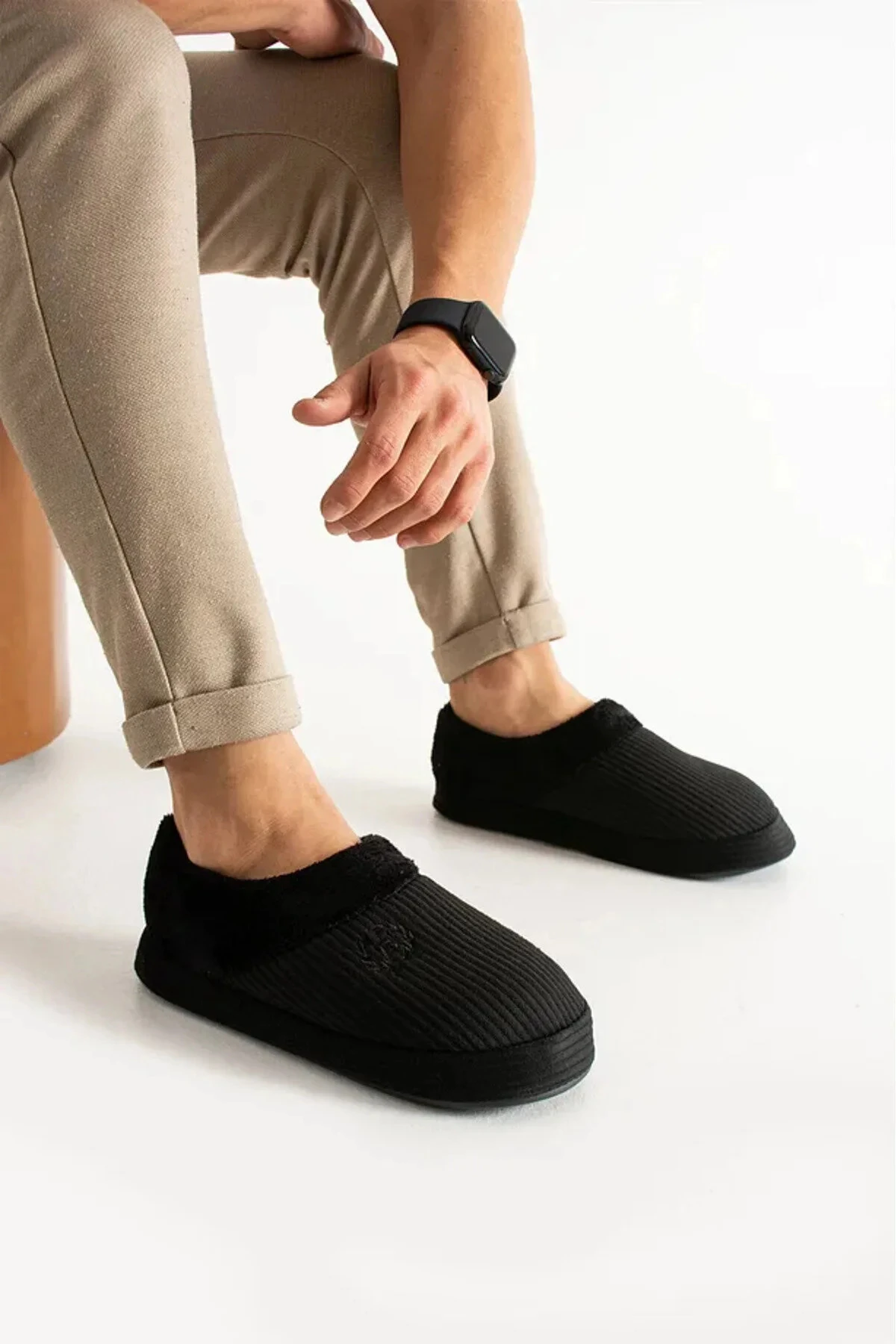 Erkek Panduf Bohça Fitilli Kadife Kumaş Nakışlı Rahat Yumuşak Taban Kürklü Ev İçi Ayakkabı