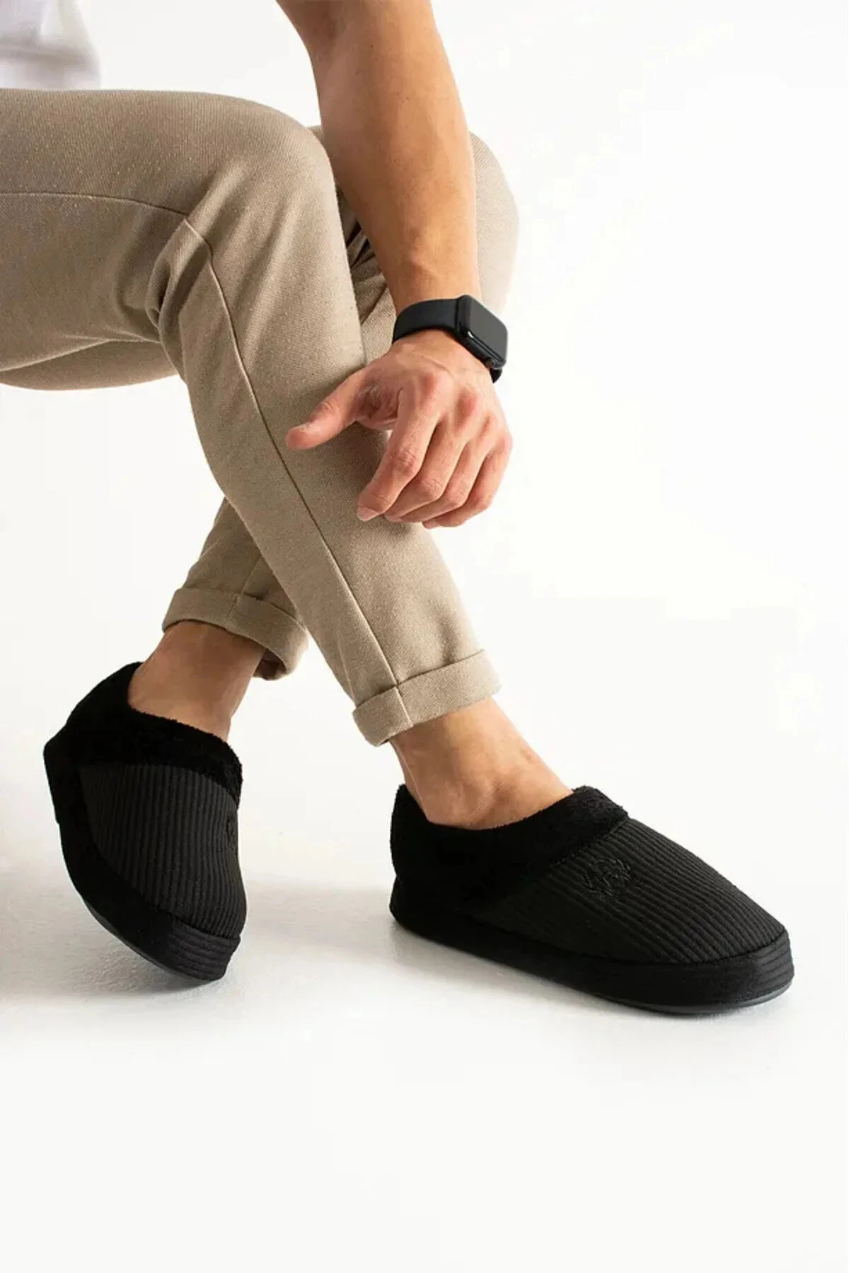 Erkek Panduf Bohça Fitilli Kadife Kumaş Nakışlı Rahat Yumuşak Taban Kürklü Ev İçi Ayakkabı