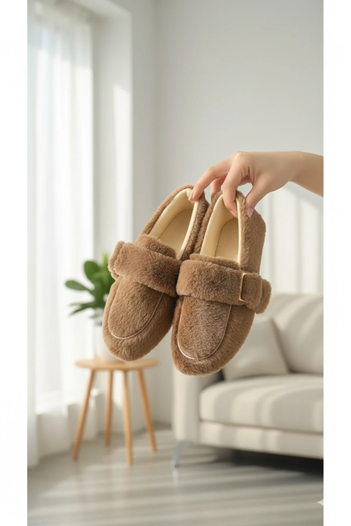Kadın Tokalı Peluş Ev Terliği Yumuşak Rahat ve Kaymaz Tabanlı Kışlık Ev Ayakkabısı