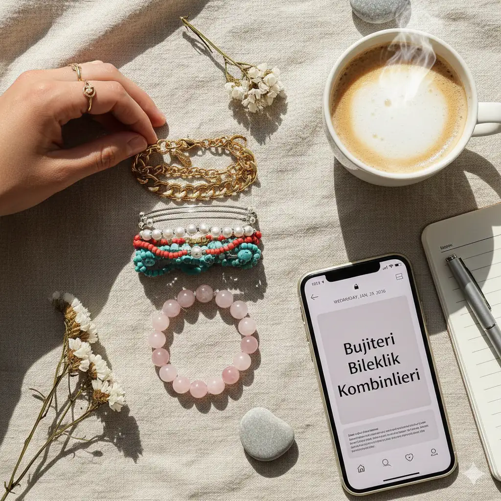 Keten bir zemin üzerinde farklı tarzlarda bujiteri bileklik kombinleri, pembe kuvars taşlı bileklik ve kahve eşliğinde estetik takı düzenlemesi.