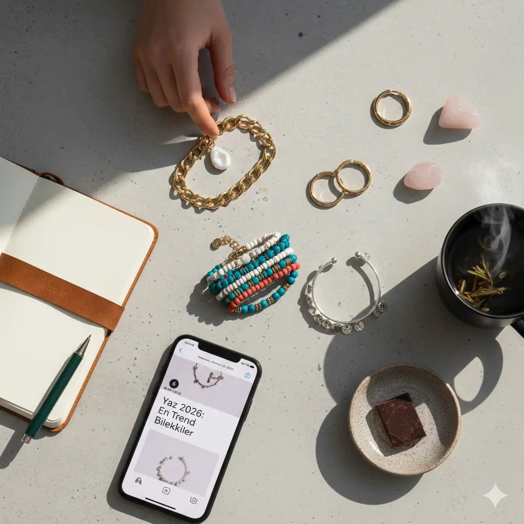 Beton zemin üzerinde sergilenen gold zincir, boncuklu ve gümüş detaylı modern bujiteri bileklikler ile 2026 yaz takı trendleri.