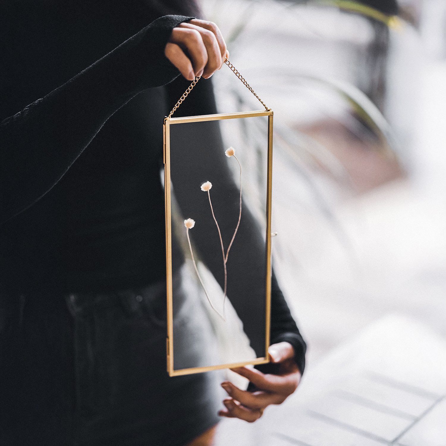 12x4 inch | Picture & Photo Frames | Pressed Dried Flowers | With Chain | Glass | Brass & Gold