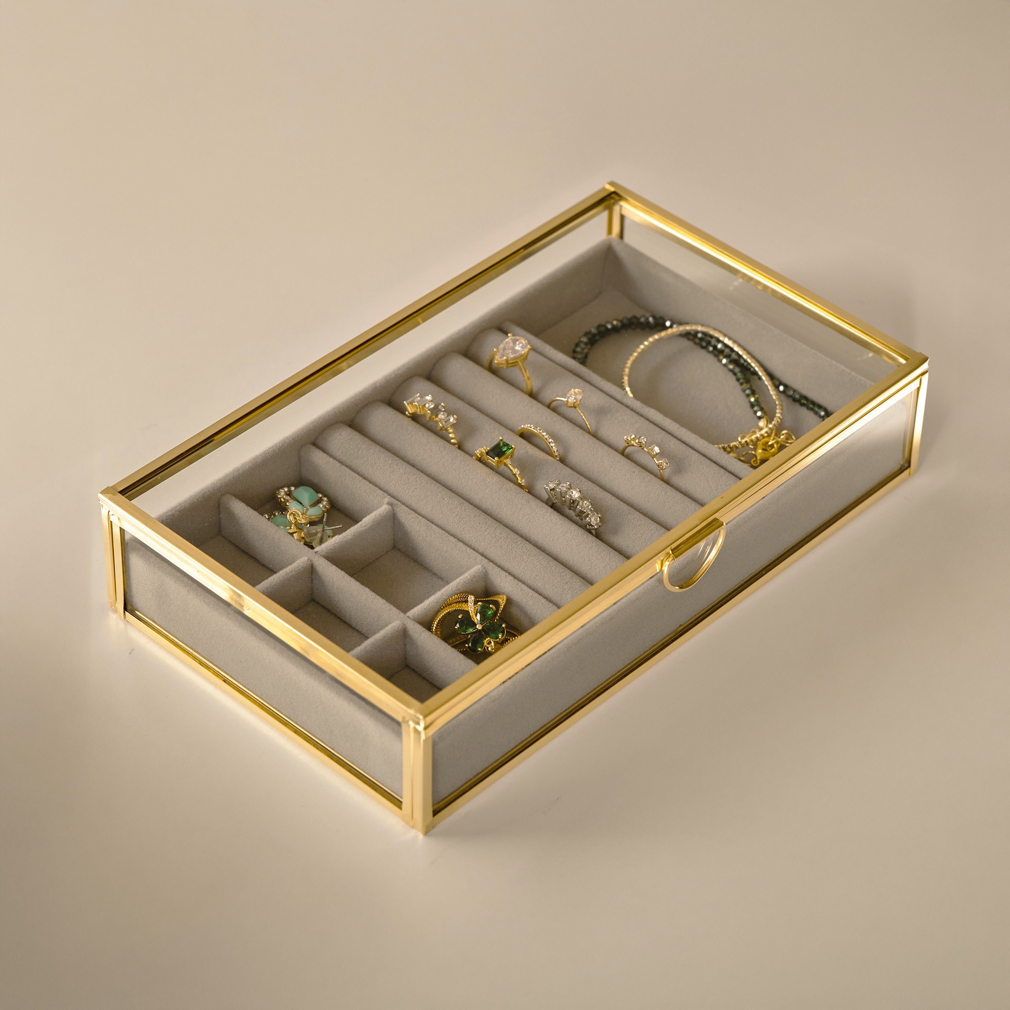 9x5x1.5 inch | Glass Organizer | Jewelry Accessory Box | Brass & Gold