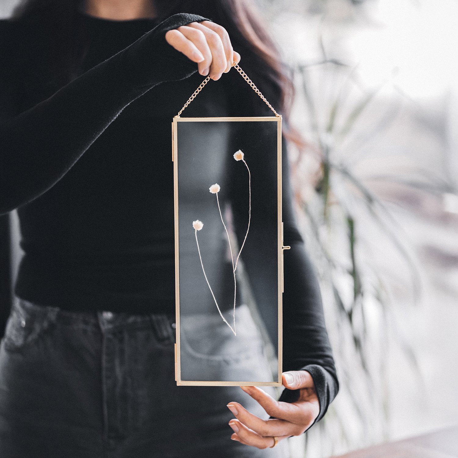 12x4 inch | Picture & Photo Frames | Pressed Dried Flowers | With Chain | Glass | Brass & Gold