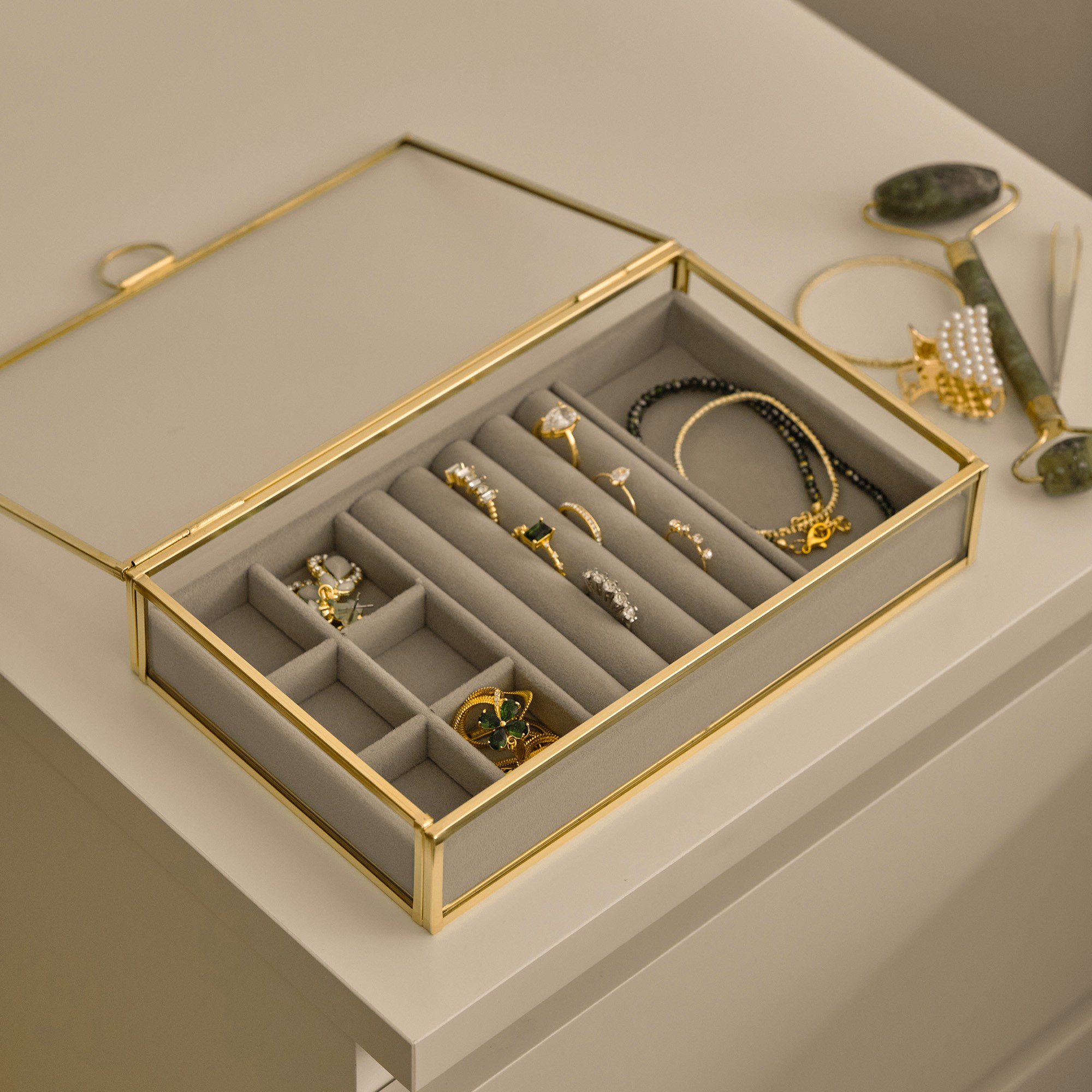 9x5x1.5 inch | Glass Organizer | Jewelry Accessory Box | Brass & Gold