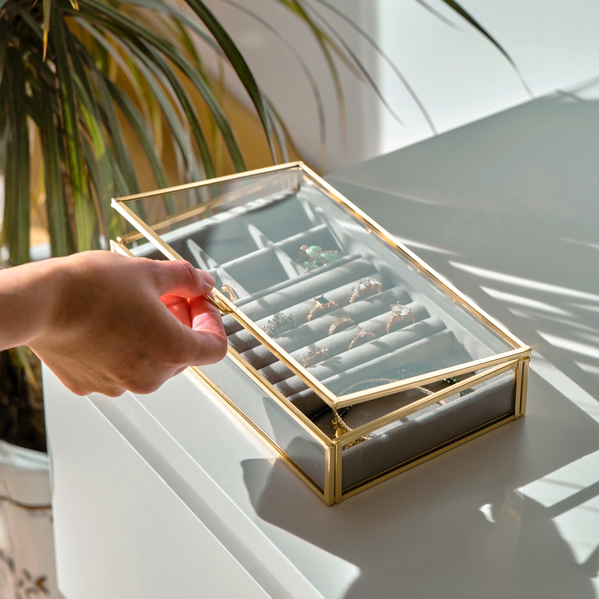 9 x 5 x 1.5 " | Glass Organizer | Jewelry Accessory Box | Brass