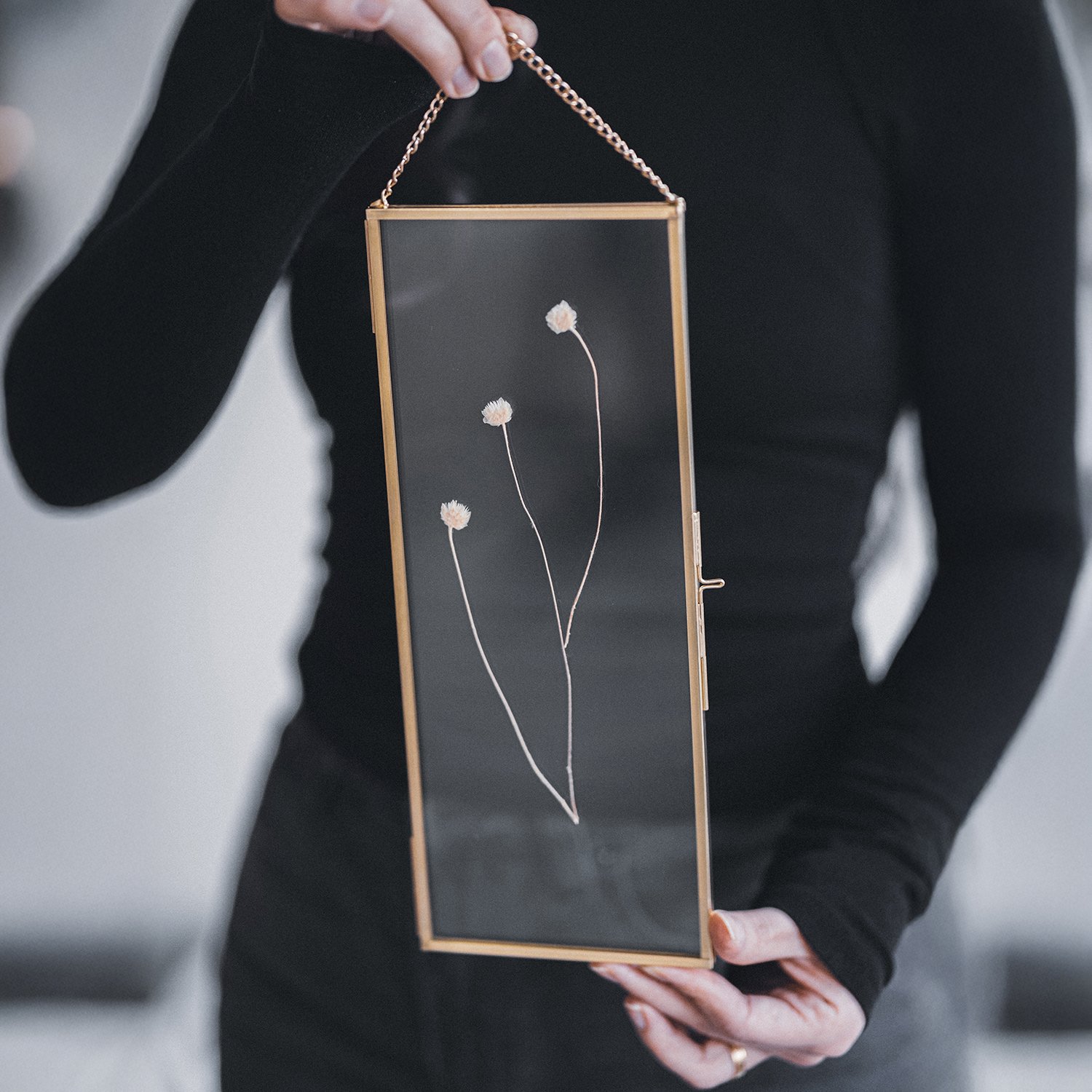 12x4 inch | Picture & Photo Frames | Pressed Dried Flowers | With Chain | Glass | Brass & Gold