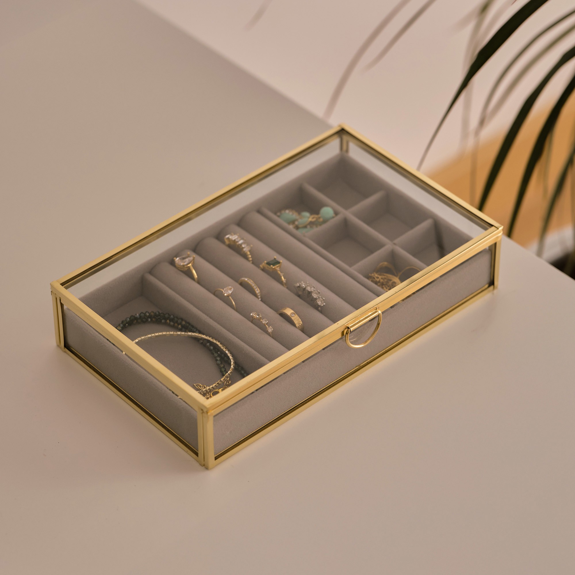 9x5x1.5 inch | Glass Organizer | Jewelry Accessory Box | Brass & Gold