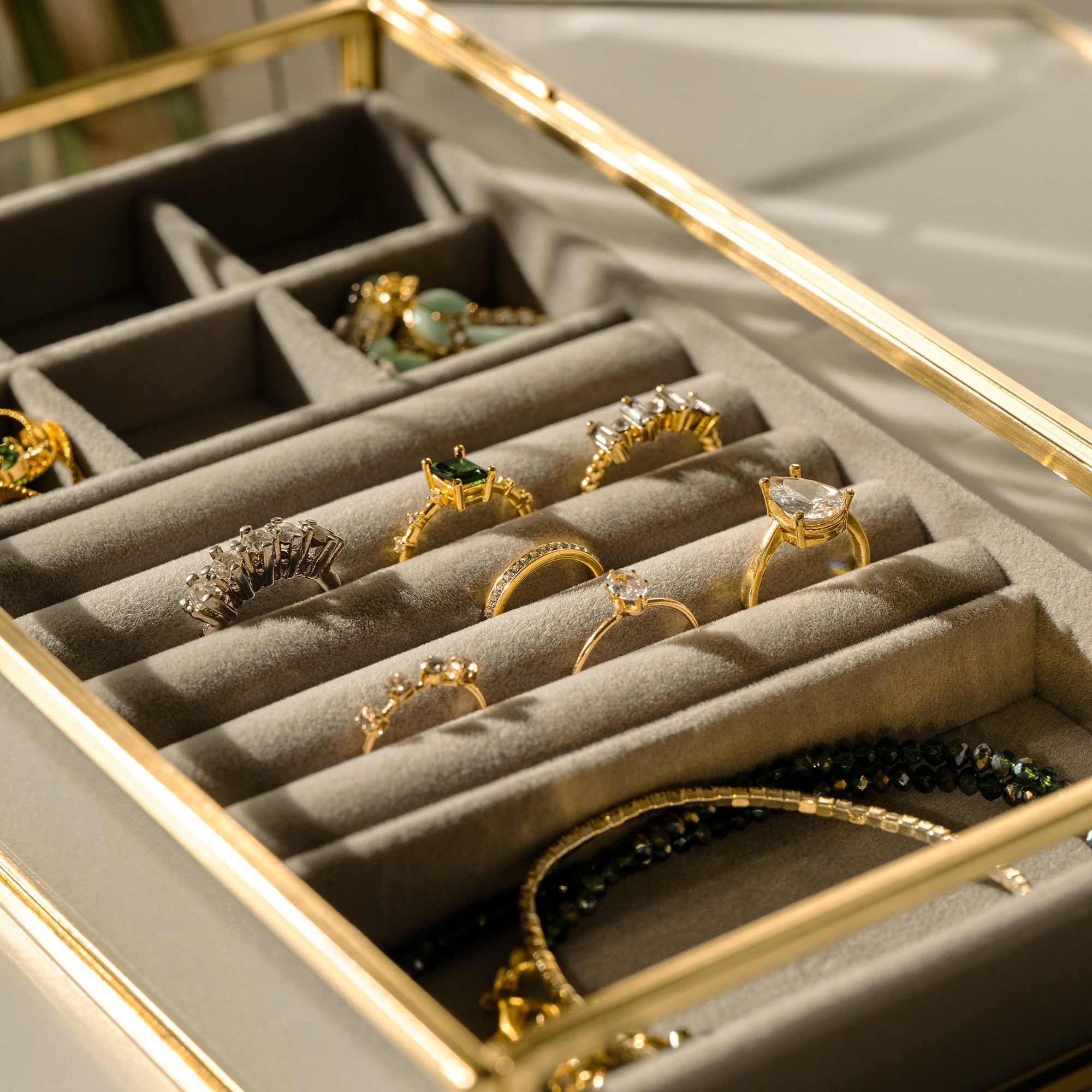 9x5x1.5 inch | Glass Organizer | Jewelry Accessory Box | Brass & Gold