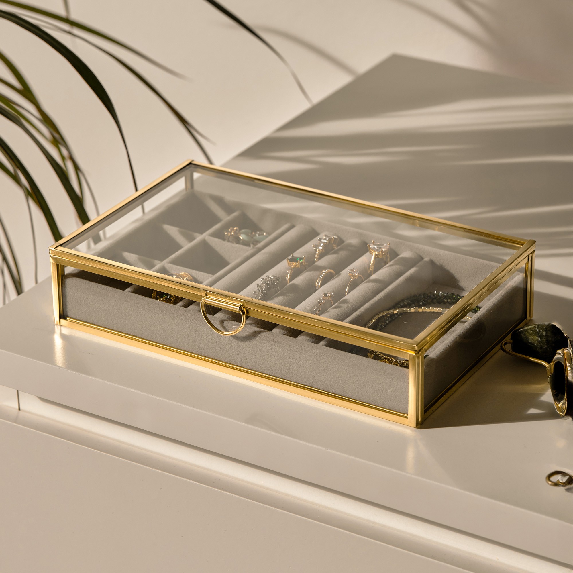 9x5x1.5 inch | Glass Organizer | Jewelry Accessory Box | Brass & Gold