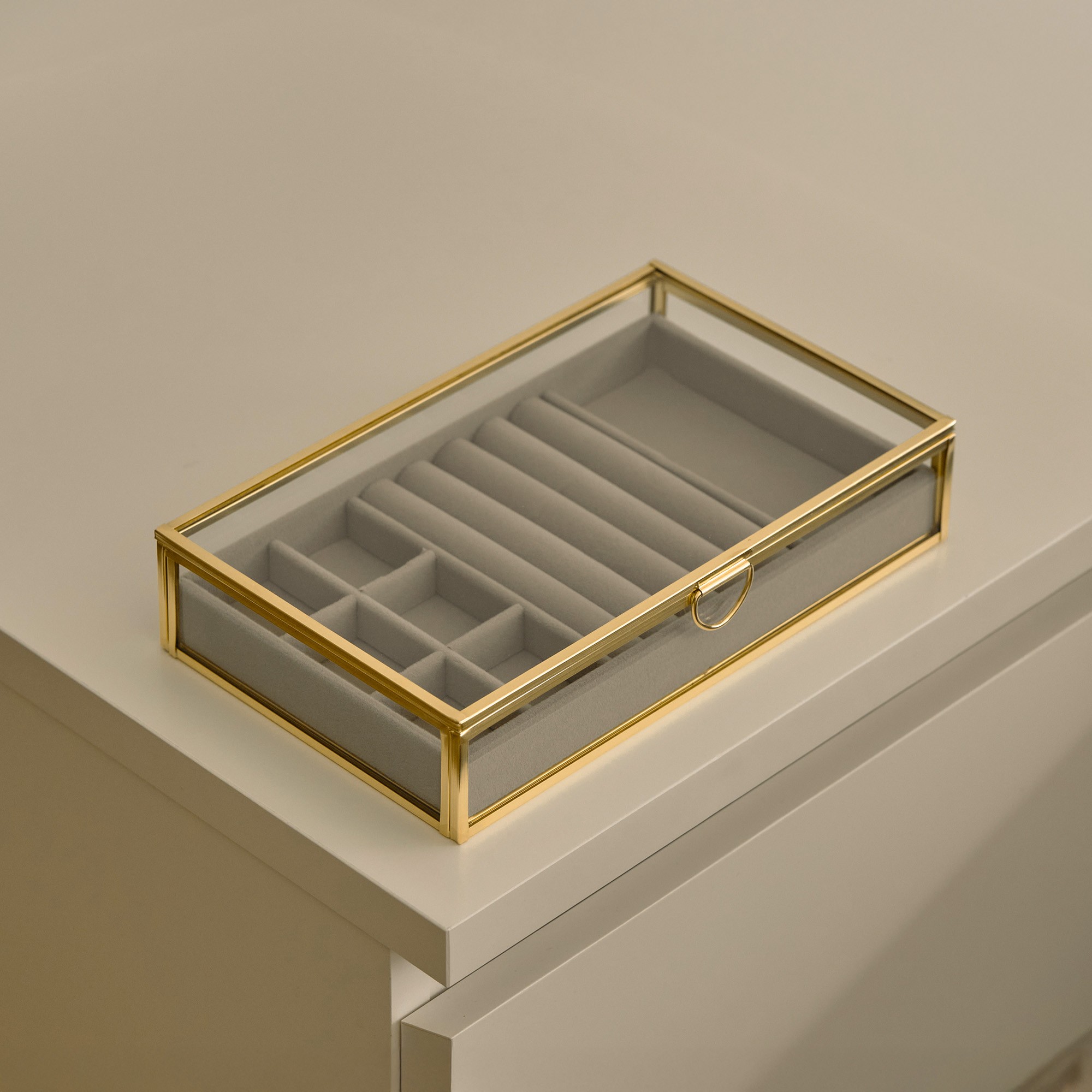 9x5x1.5 inch | Glass Organizer | Jewelry Accessory Box | Brass & Gold