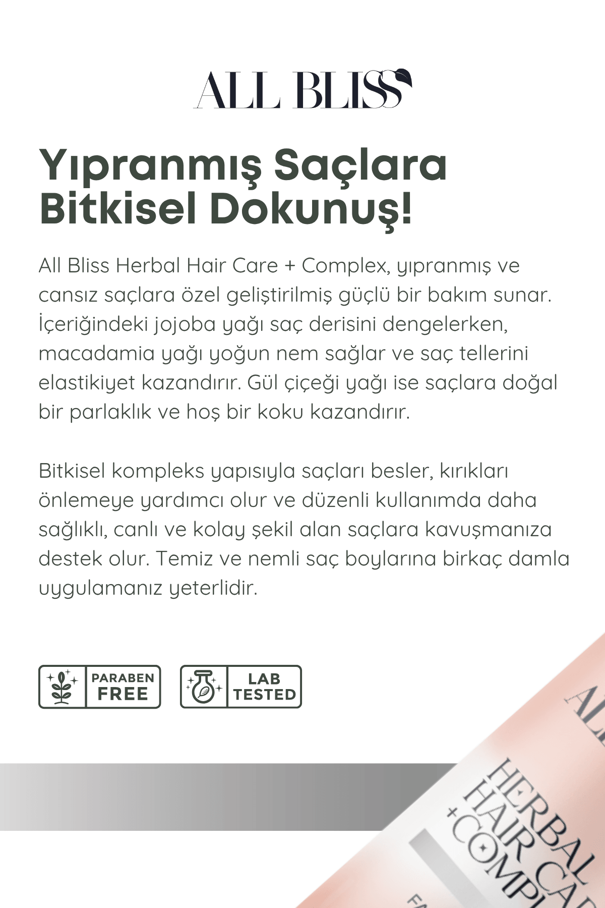 All Bliss Bitkisel Saç Bakım Serumu 50 ml – Yıpranmış Saçlar İçin Onarıcı ve Parlatıcı Bakım | Jojoba, Gül Yağı, Macadamia
