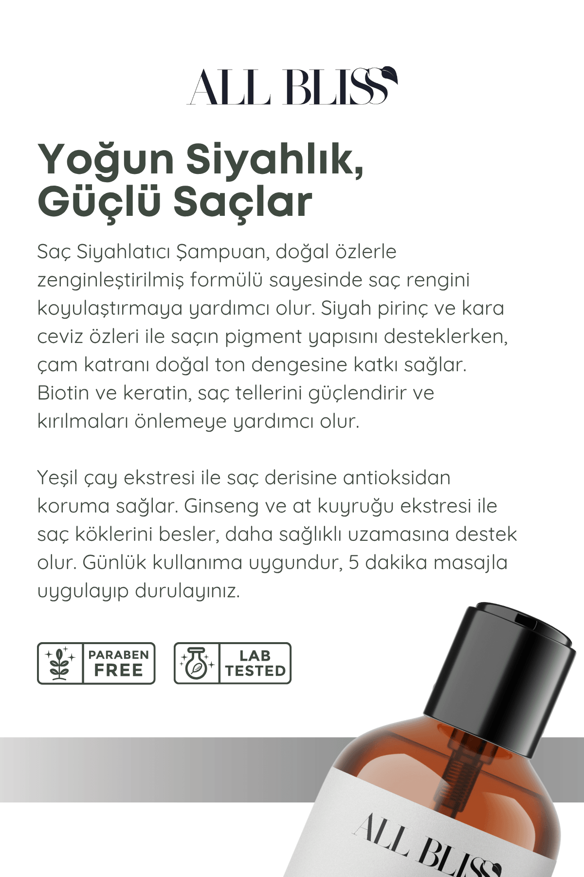 Bitkisel Siyahlatıcı Şampuan 200 ml – Beyazları Kapatıcı, Dökülme Karşıtı, Ginseng & Siyah Pirinç Özlü, Sülfatsız & Parabensiz