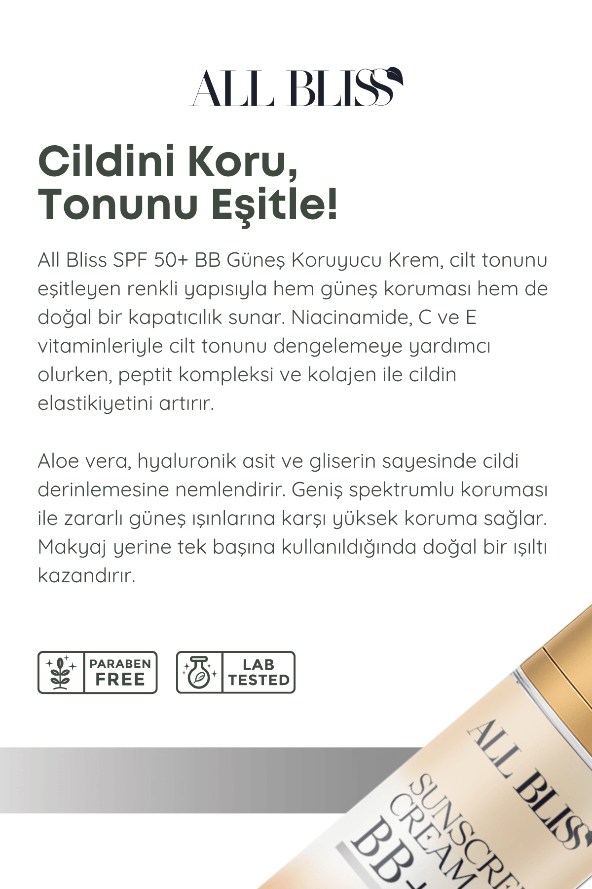 50+ SPF BB Güneş Kremi 50 ml – Renk Eşitleyici, Nemlendirici, Ton Dengeleyici 