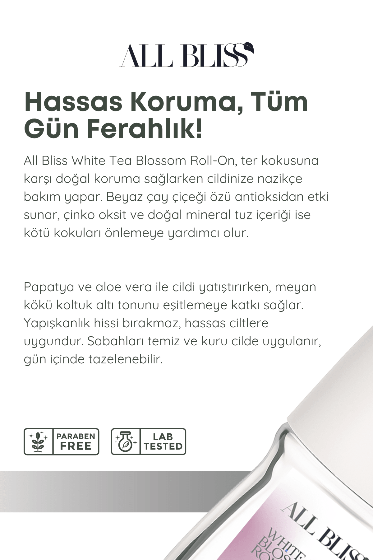 Doğal Roll-On 50 ml – Beyaz Çay Özlü, Alüminyum & Alkol İçermez – Kararma Karşıtı, Ter Kokusu Önleyici, Hassas Ciltlere Uygun