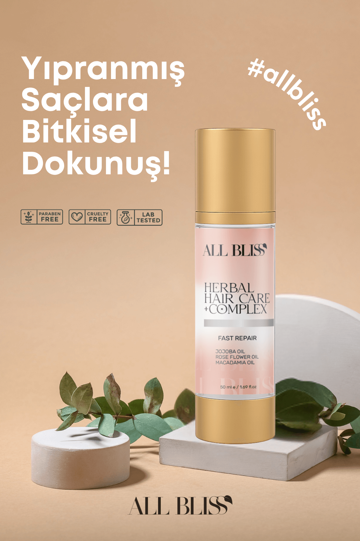All Bliss Bitkisel Saç Bakım Serumu 50 ml – Yıpranmış Saçlar İçin Onarıcı ve Parlatıcı Bakım | Jojoba, Gül Yağı, Macadamia