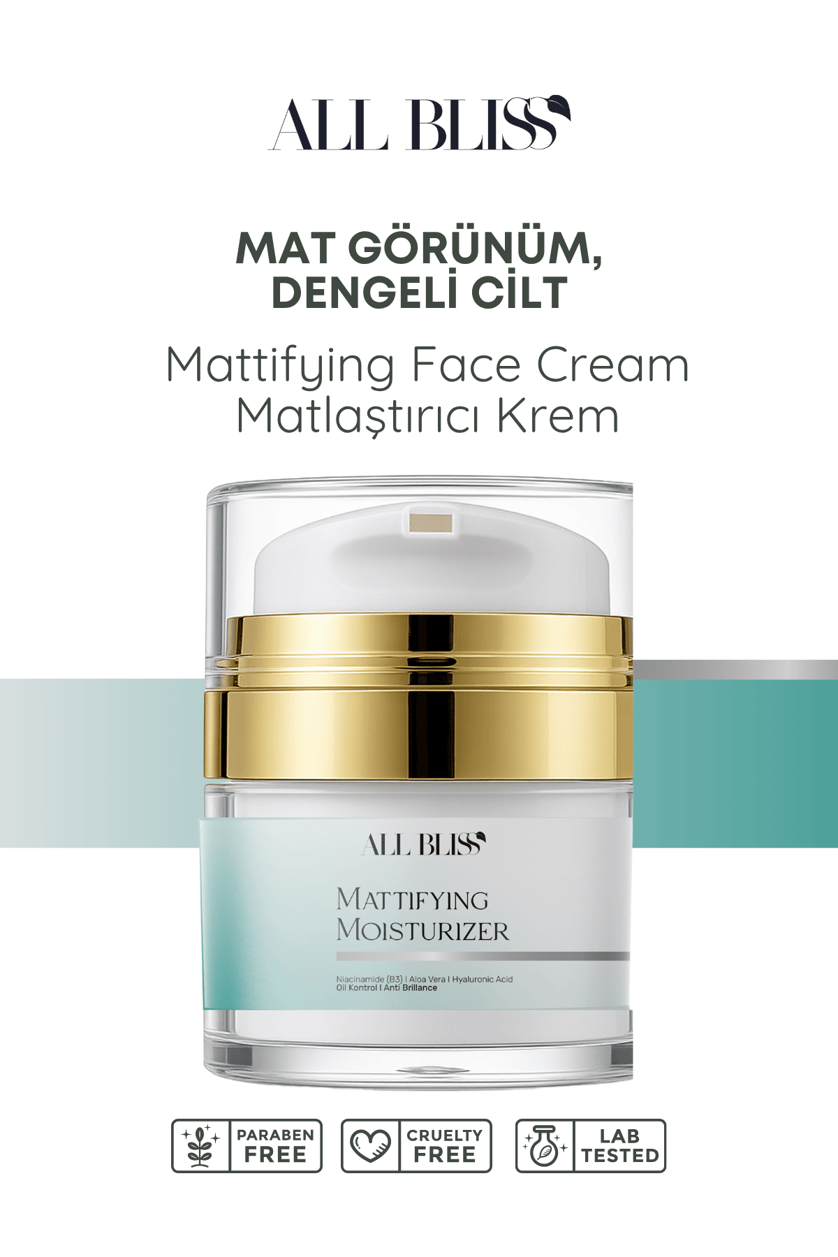 All Bliss Matlaştırıcı Yüz Kremi 50 ml – Yağlı ve Karma Ciltler İçin | Gözenek Sıkılaştırıcı, Sebum Dengeleyici, Mat Etki