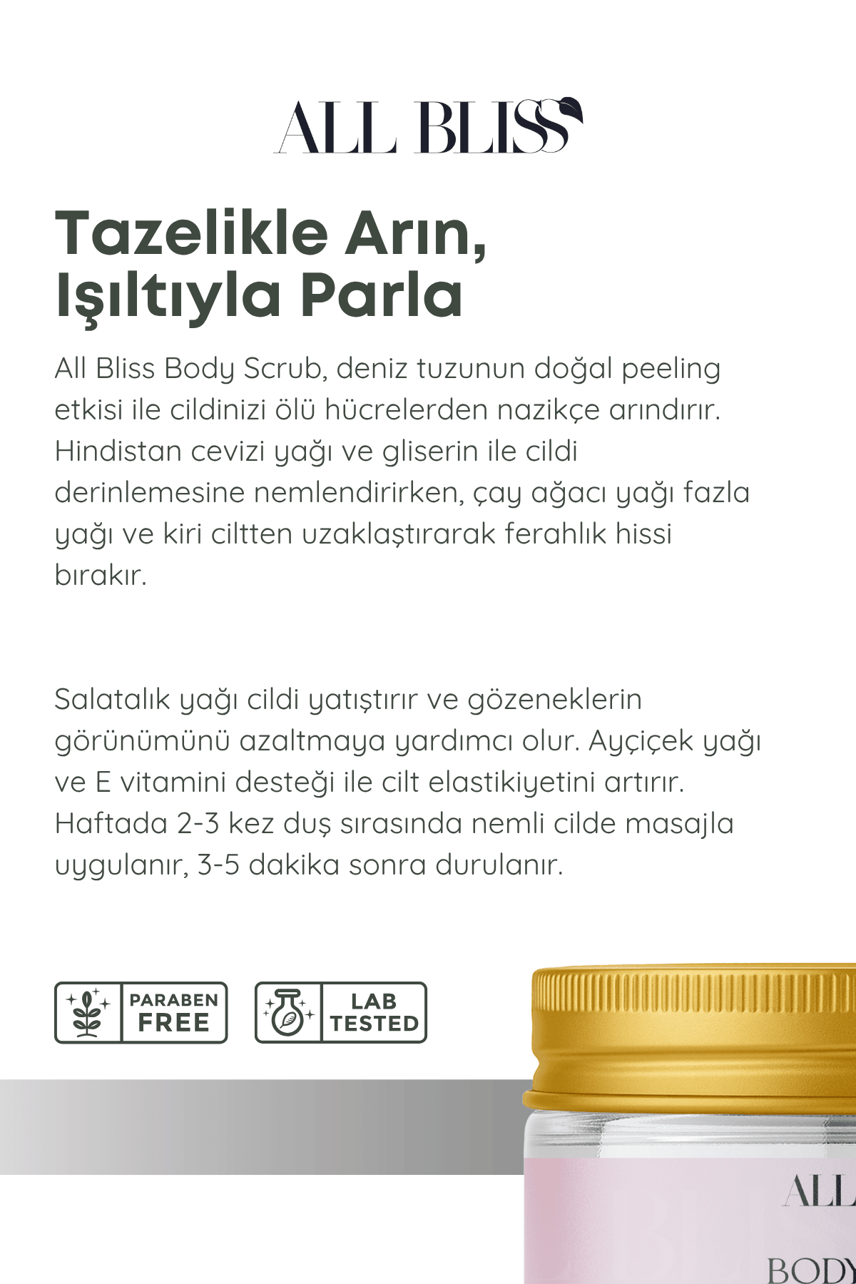 Doğal Vücut Peeling 200 ml – Deniz Tuzu & Yeşil Çay Özlü – Ölü Deri ve Batık Karşıtı, Nemlendirici & Gözenek Sıkılaştırıcı