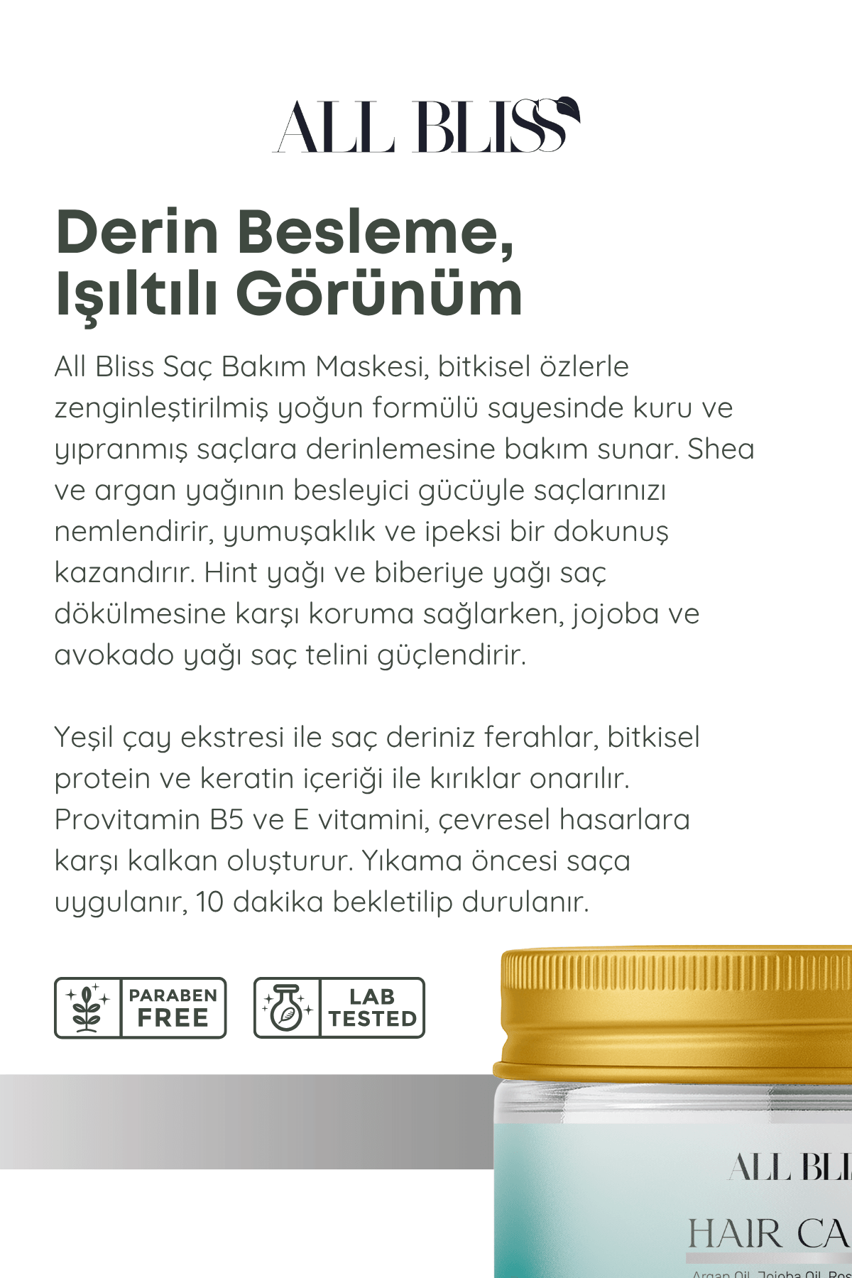 Bitkisel Keratinli Saç Bakım Maskesi 200 ml – Yeşil Çay ve Doğal Yağlarla Yoğun Onarıcı & Nemlendirici Etki – Tüm Saç Tipleri İçin