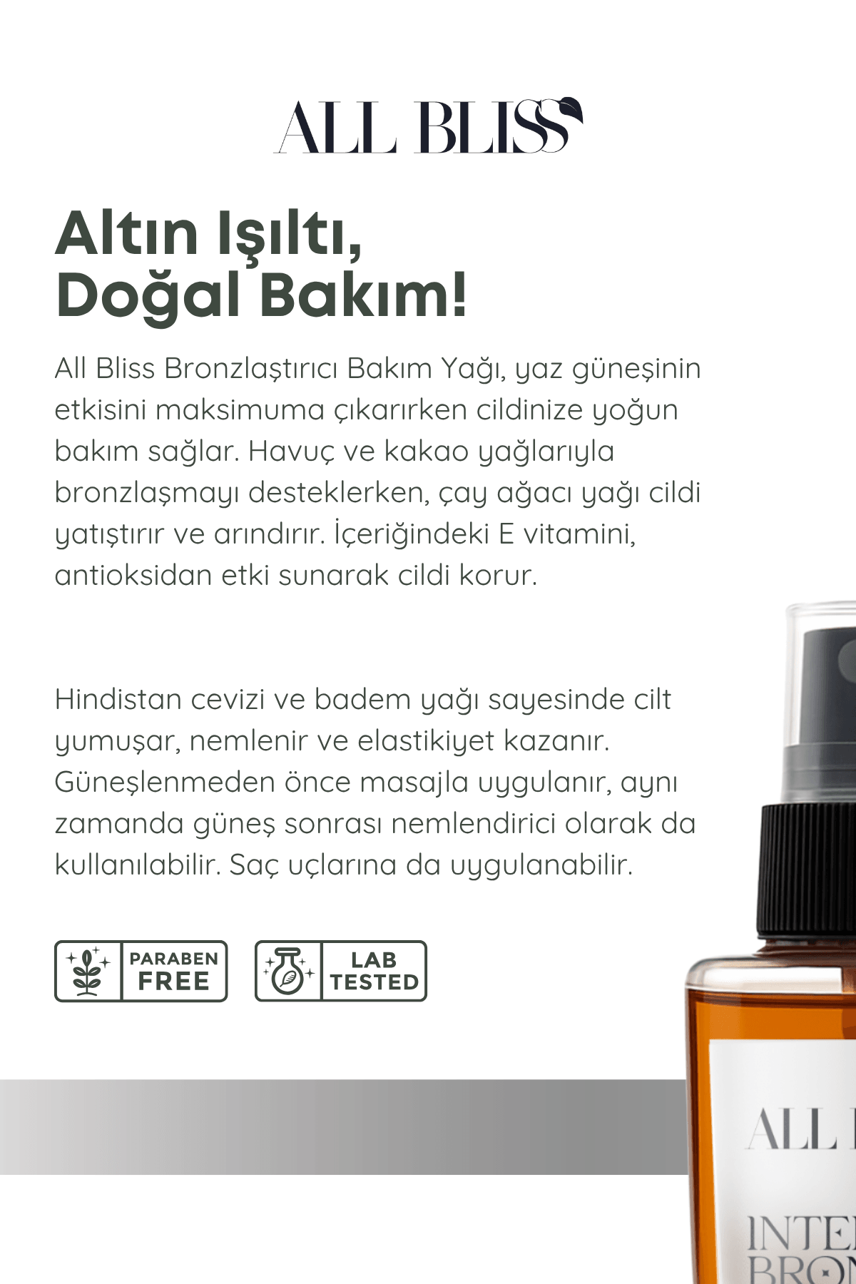 Bronzlaştırıcı Yağ 100 ml – Havuç, Kakao, Badem ve Çay Ağacı Yağlı – Doğal Işıltı Veren, E Vitaminli Yoğun Bakım Yağı
