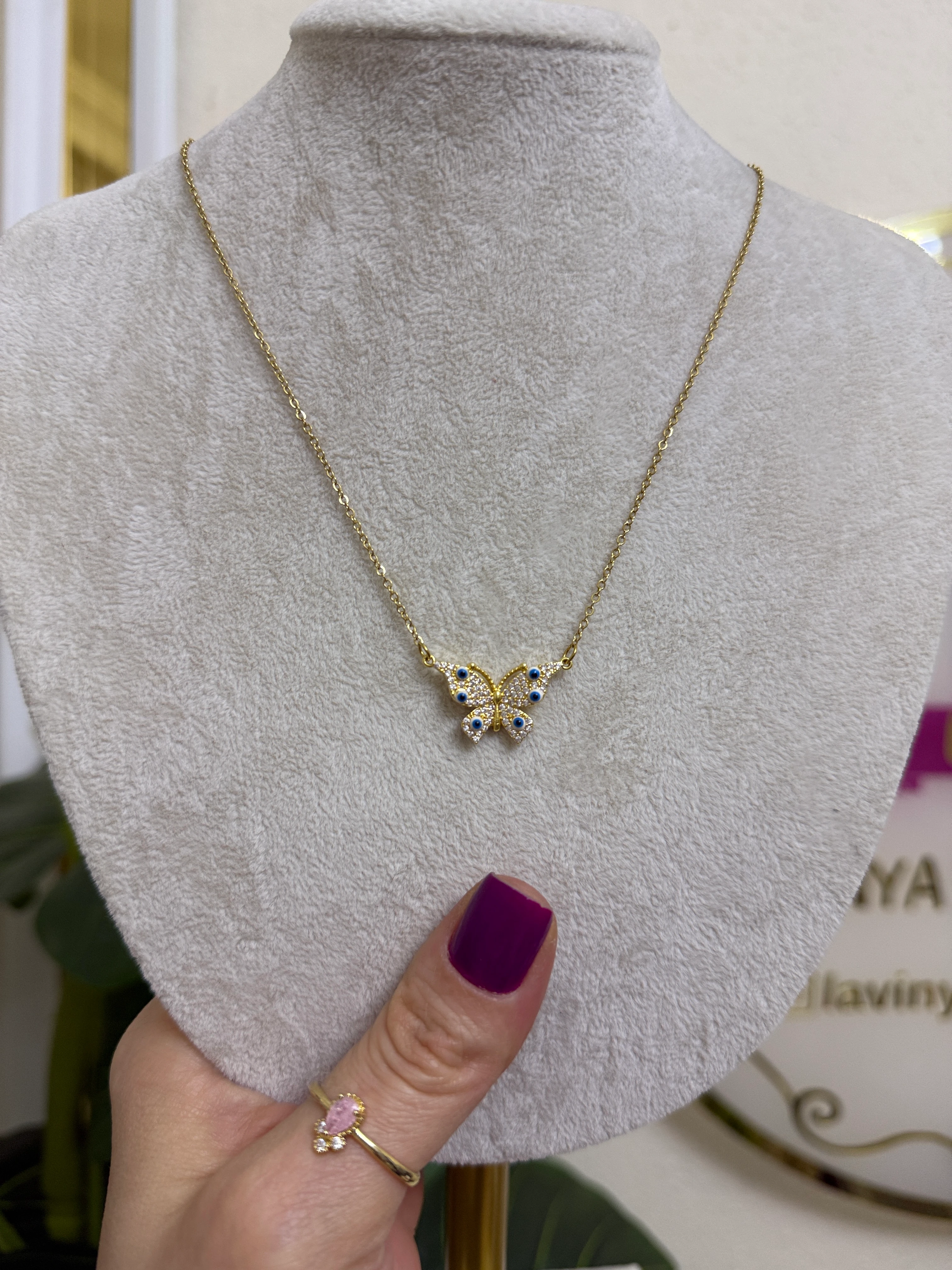 Çelik nazar boncuklu kelebek kolye-LAVİNYA