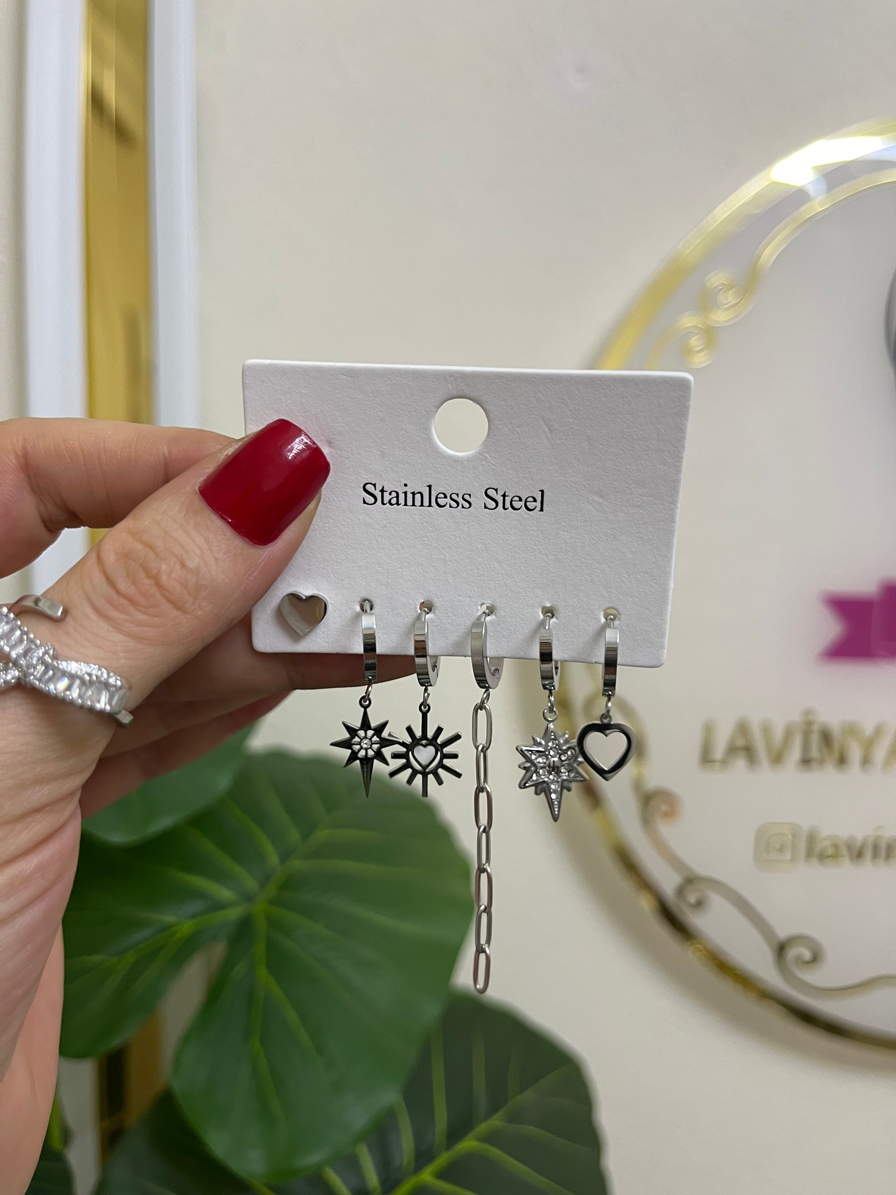 Çoklu çelik silver set küpe-LAVİNYA