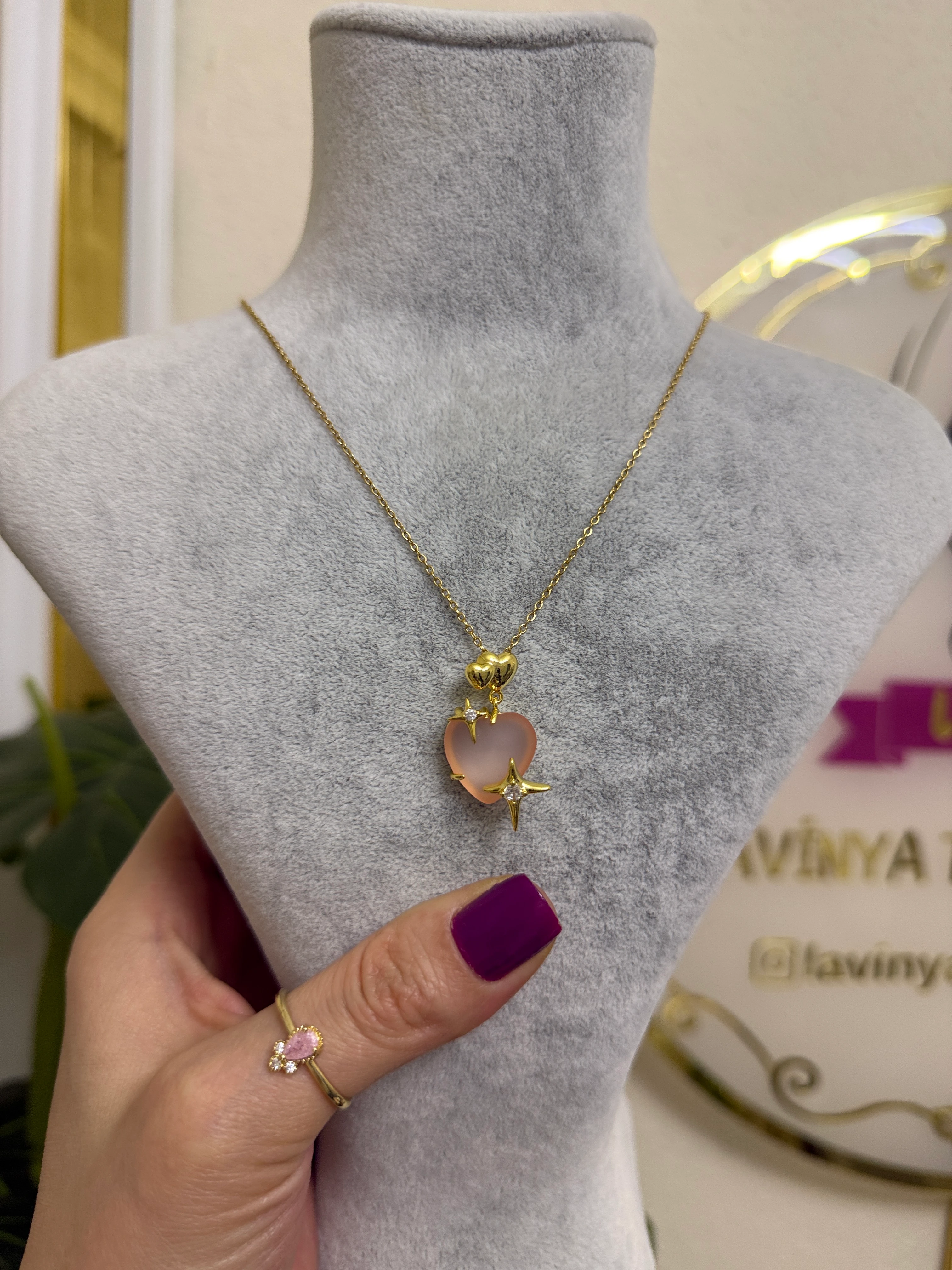 14k çelik kadife dokulu kalp kolye-LAVİNYA
