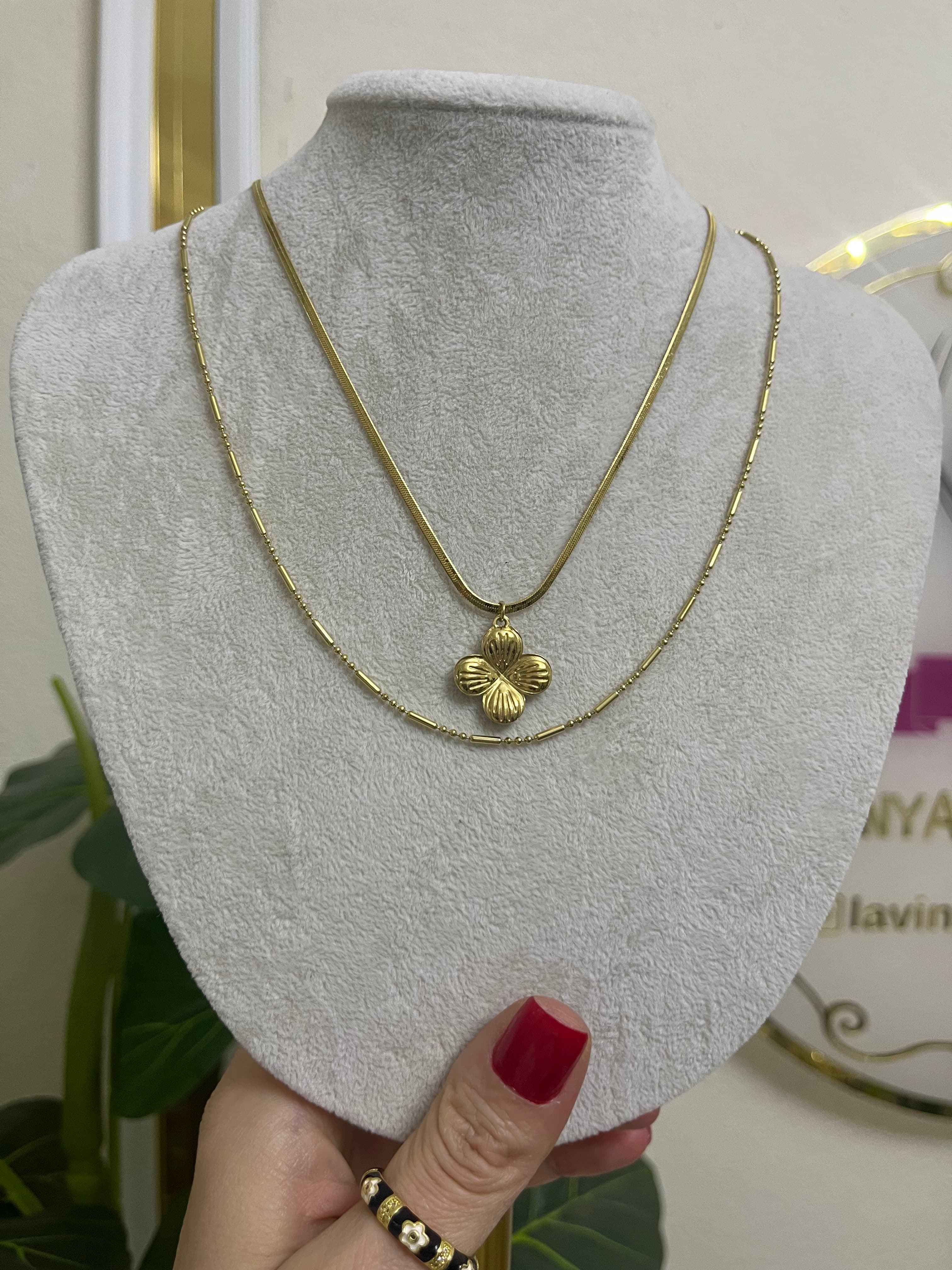 Vintage ikili çiçek çelik kolye-LAVİNYA
