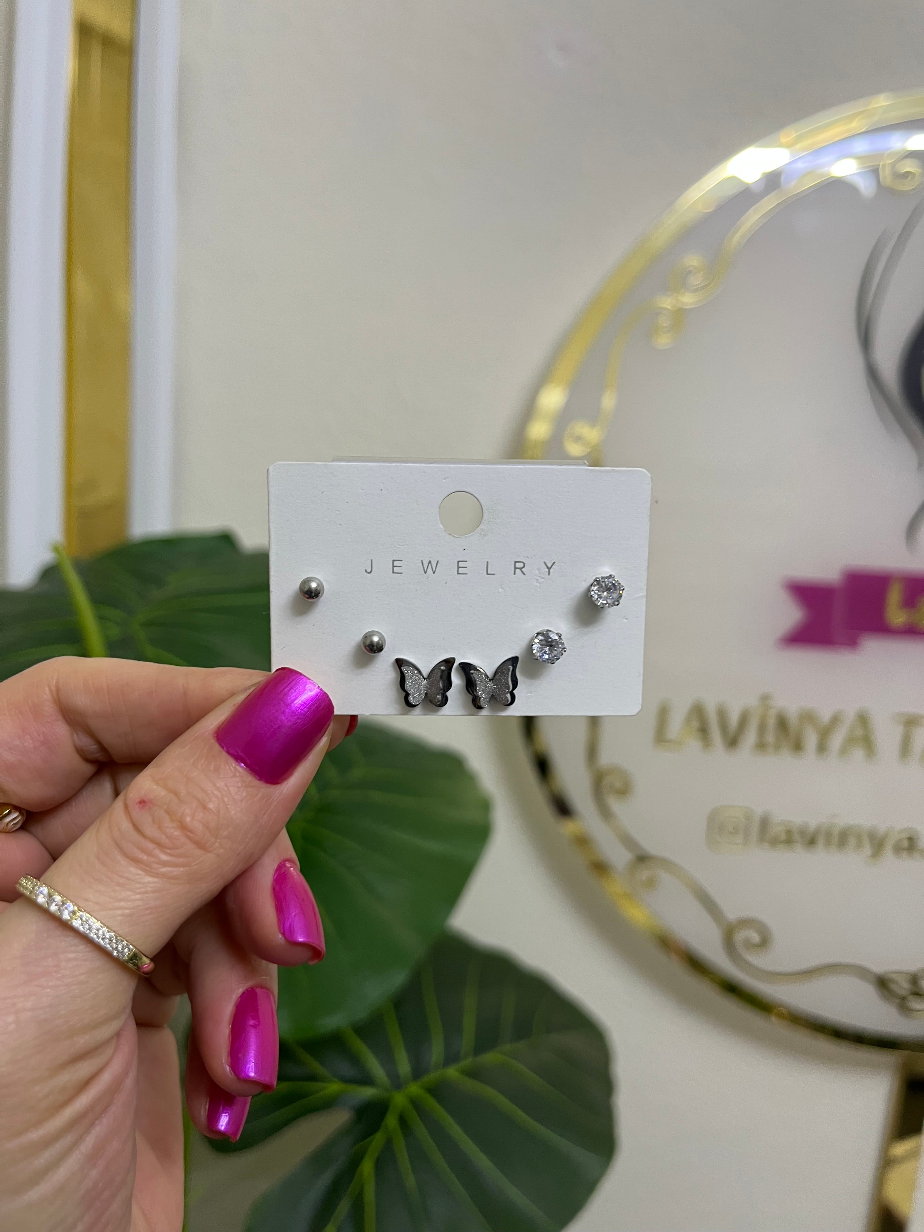 Çelik minimal çoklu silver küpe-LAVİNYA