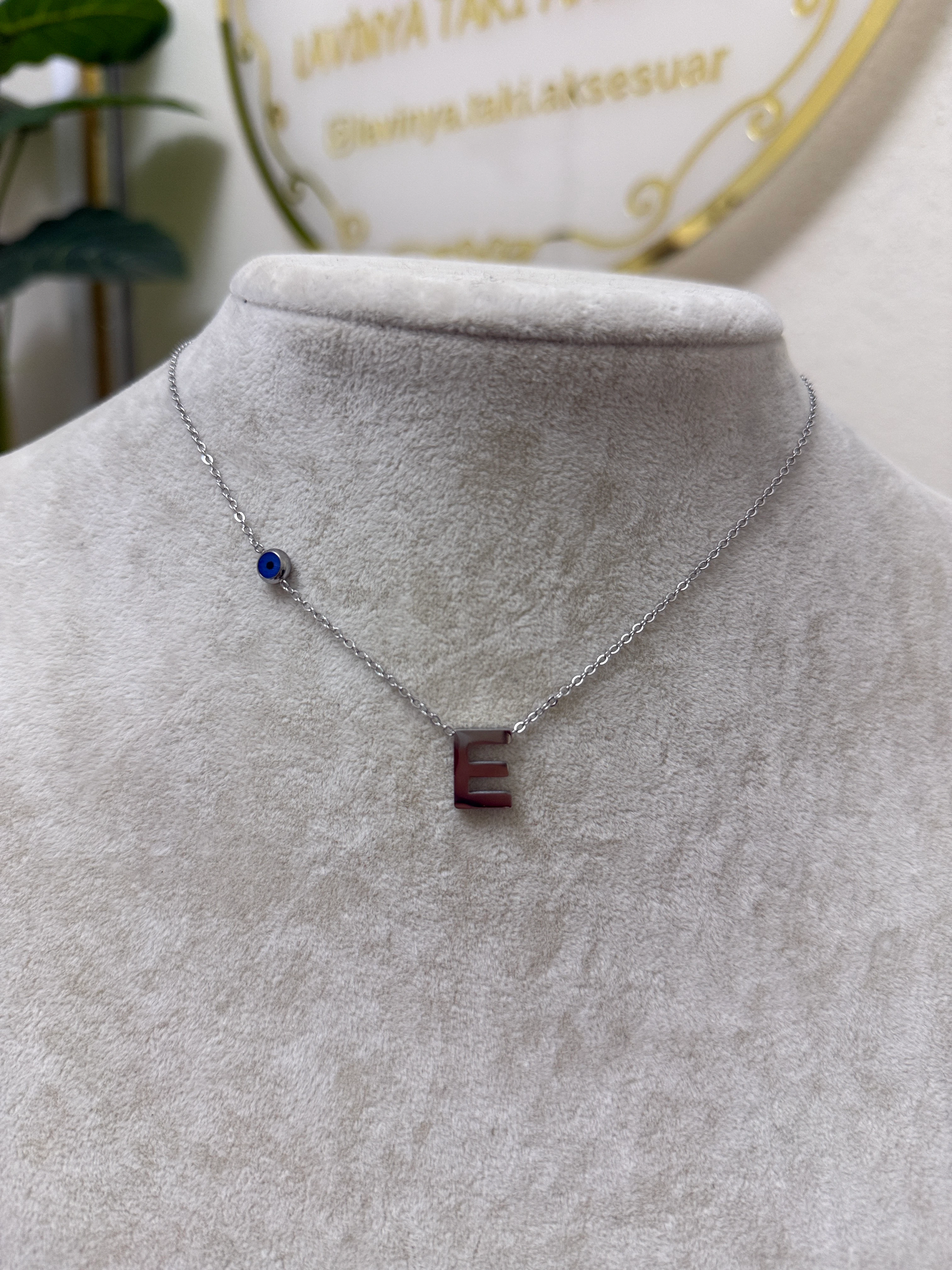 N harfi silver çelik nazar boncuklu kolye-LAVİNYA