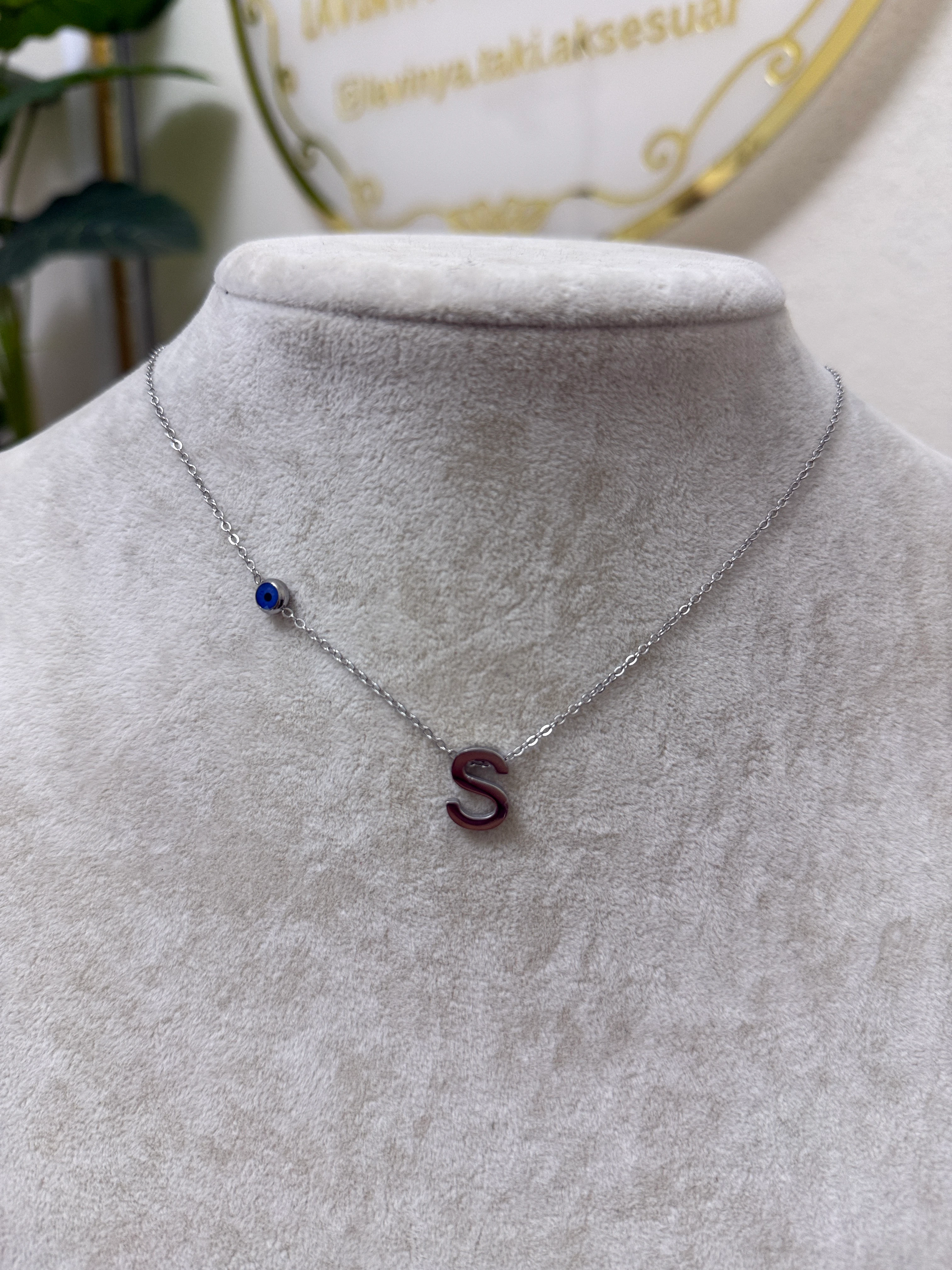S harfi silver çelik nazar boncuklu kolye-LAVİNYA