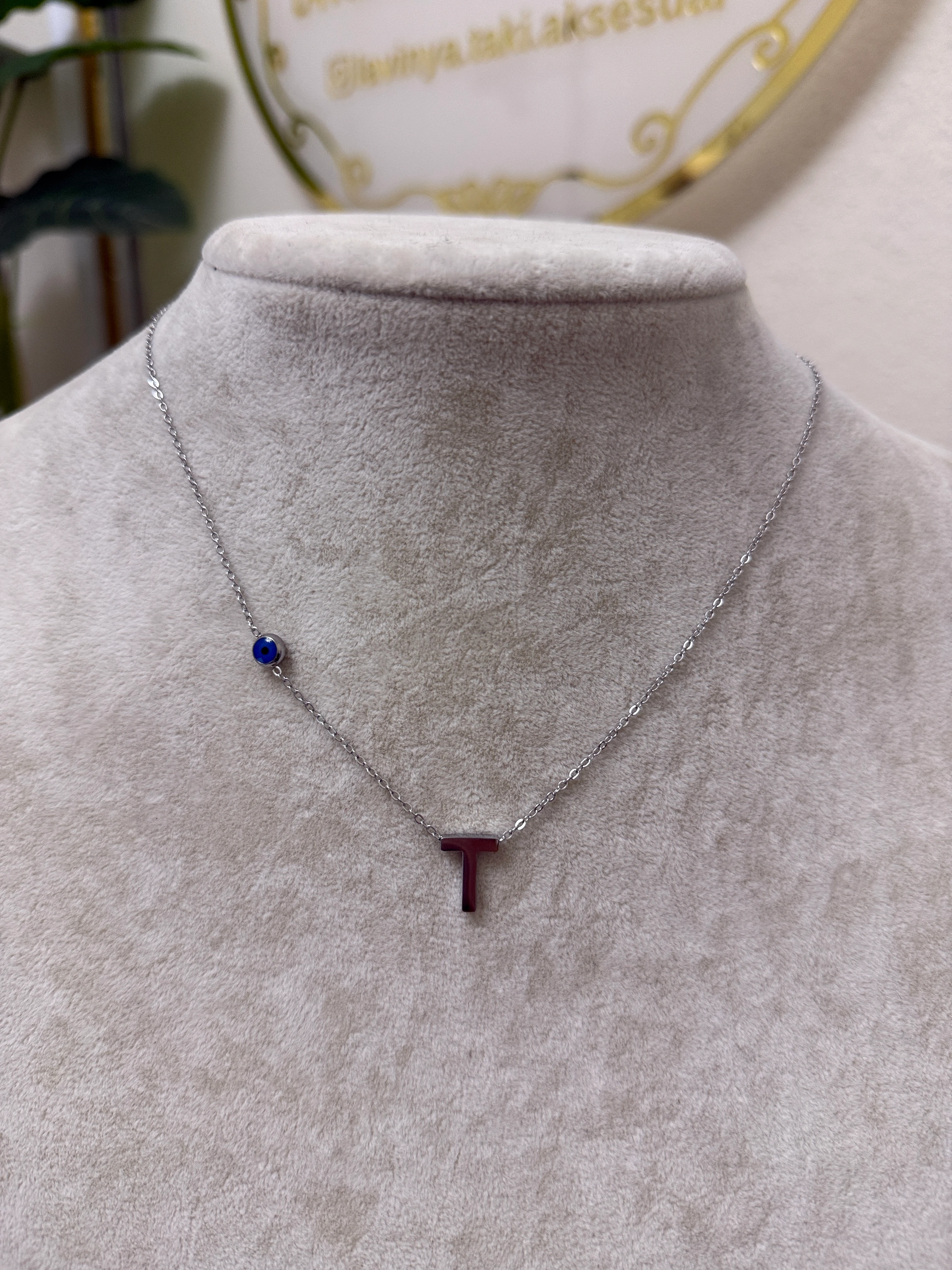 T harfi silver çelik nazar boncuklu kolye-LAVİNYA