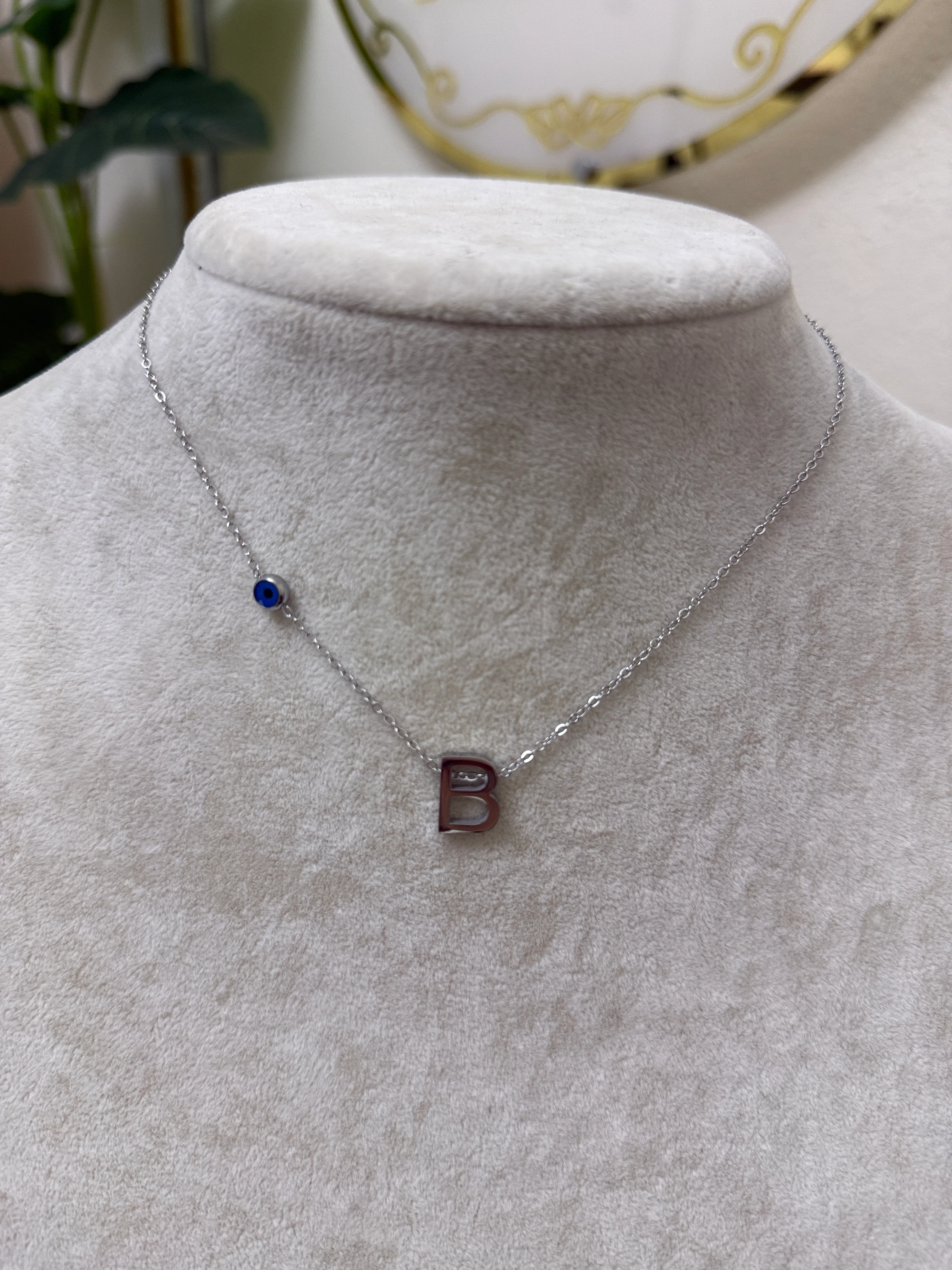 B harfi silver çelik nazar boncuklu kolye-LAVİNYA