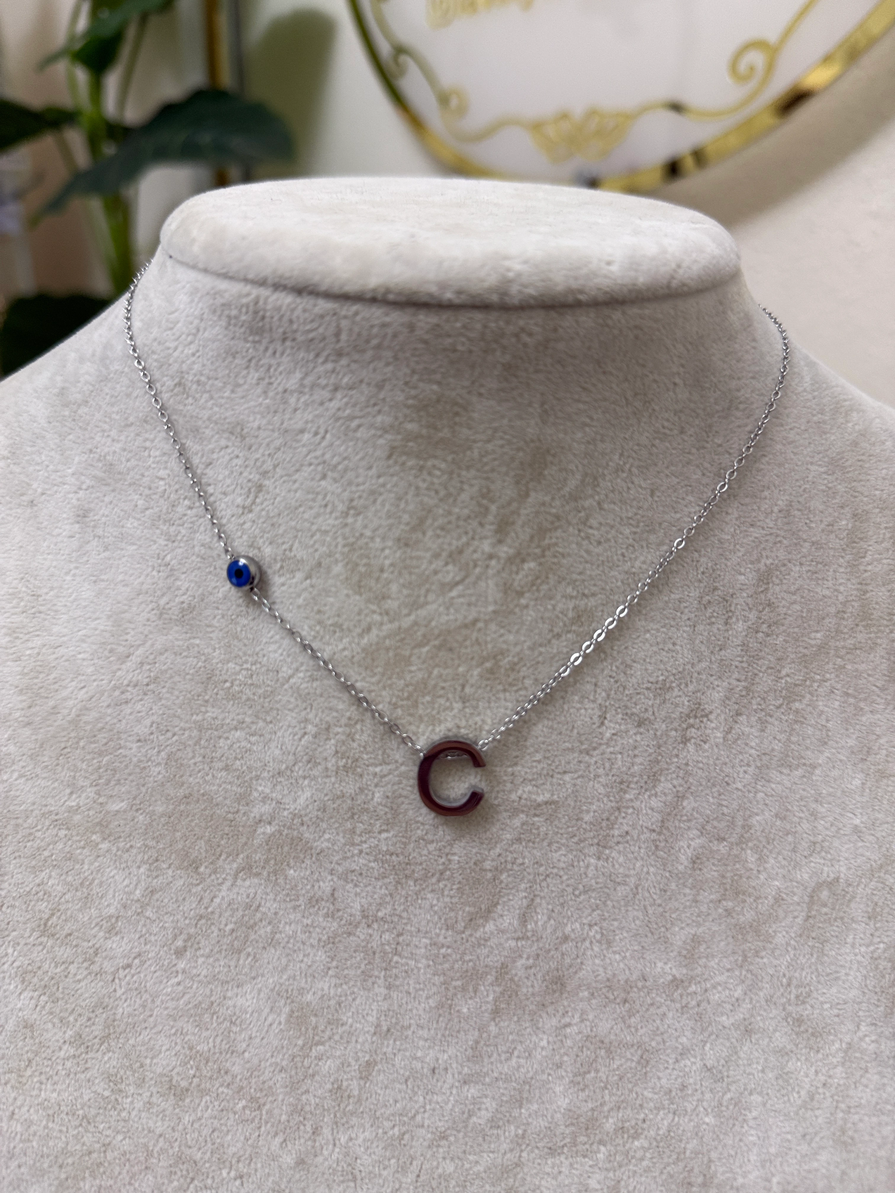 C harfi silver çelik nazar boncuklu kolye-LAVİNYA